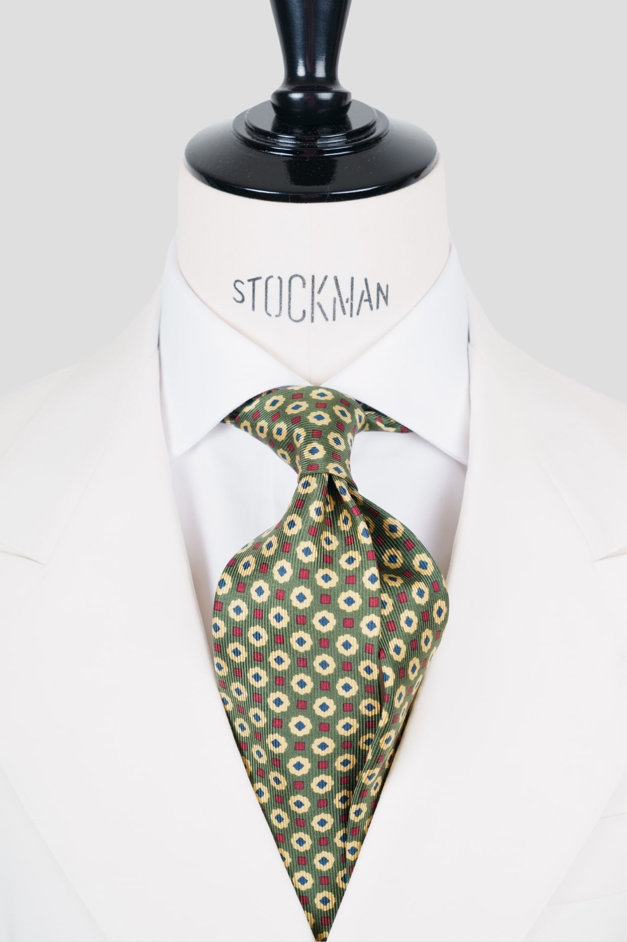 Cravate sartoriale à 3 plis, en soie imprimée vert, motif géométrique