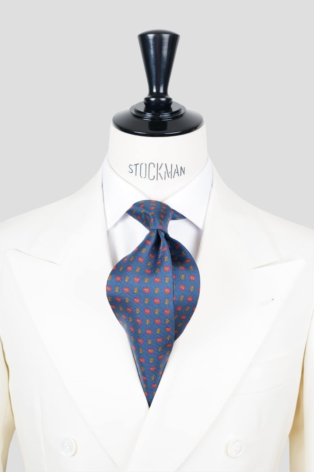 Cravate sartoriale à 3 plis, en soie imprimée bleu, motif cachemire