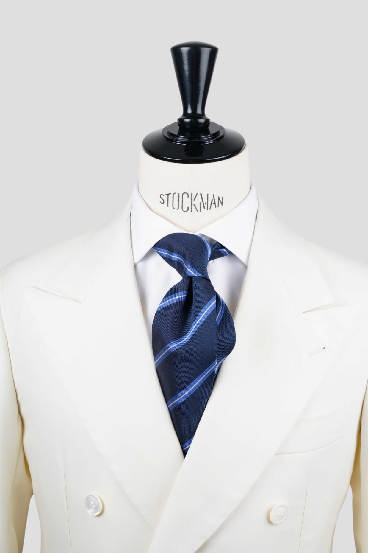 Cravate sartoriale à 3 plis, en soie tissée bleu foncé, rayure bleu