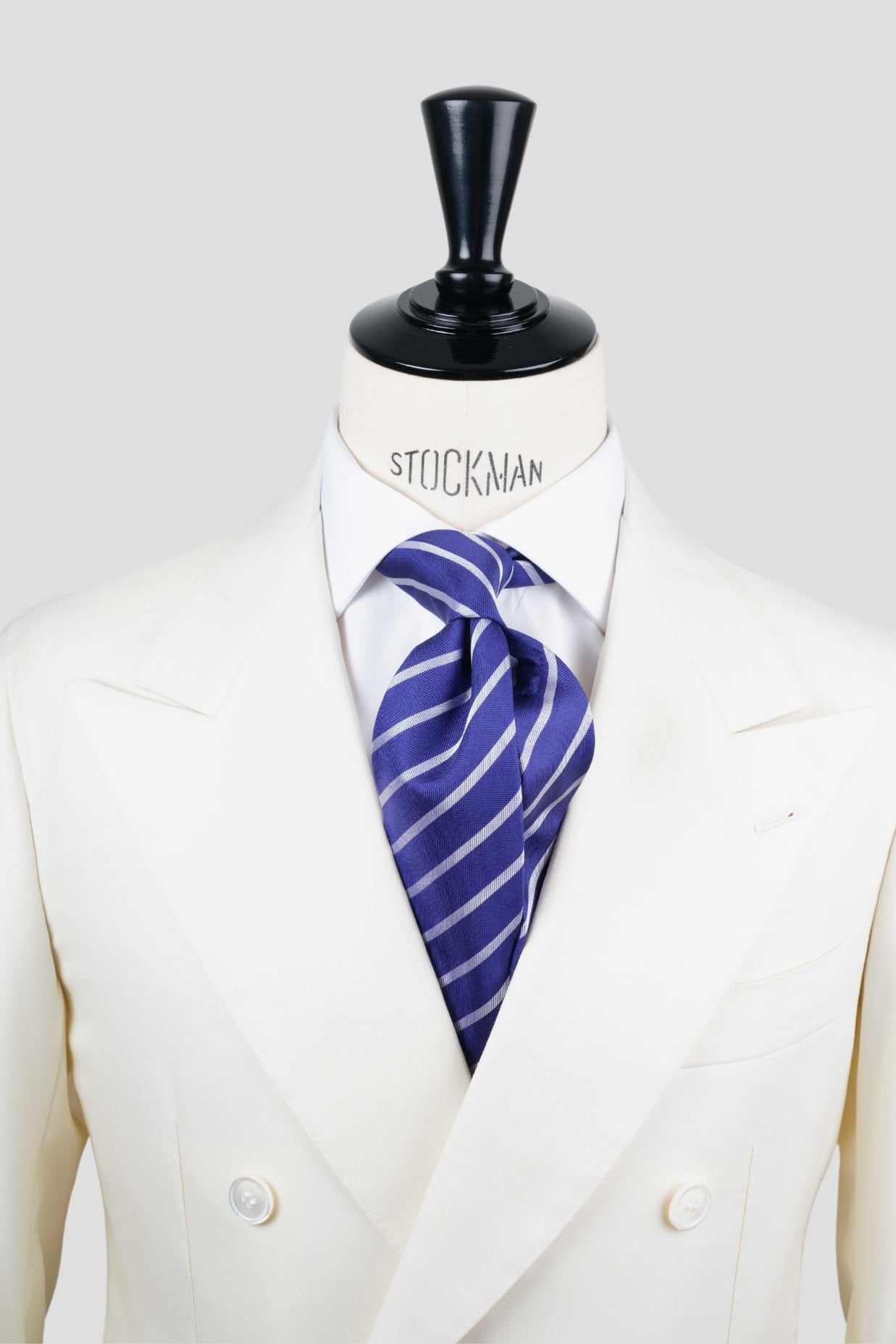 Cravate sartoriale à 3 plis, en soie tissée bleu violet, rayure blanche