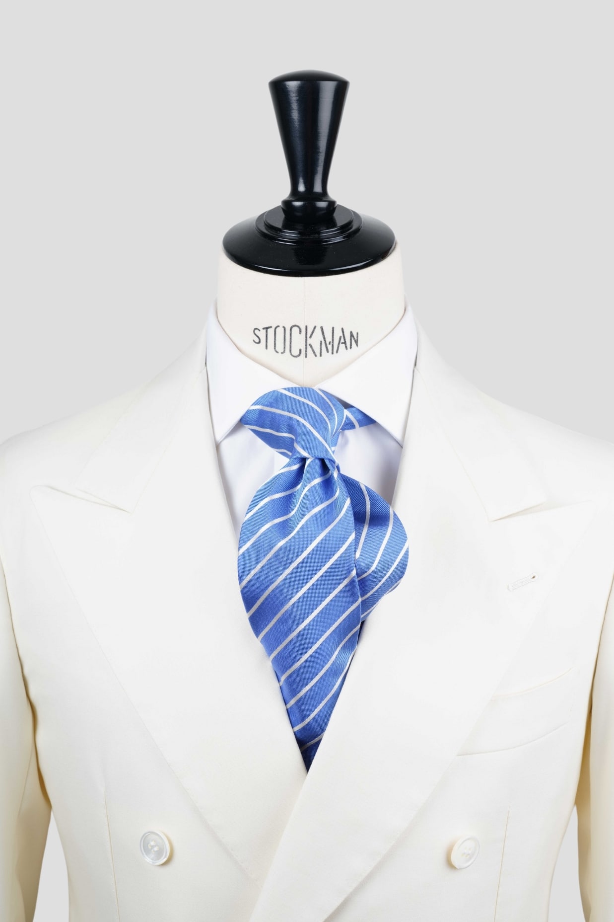 Cravate sartoriale à 3 plis, en soie tissée bleu ciel, rayure blanche