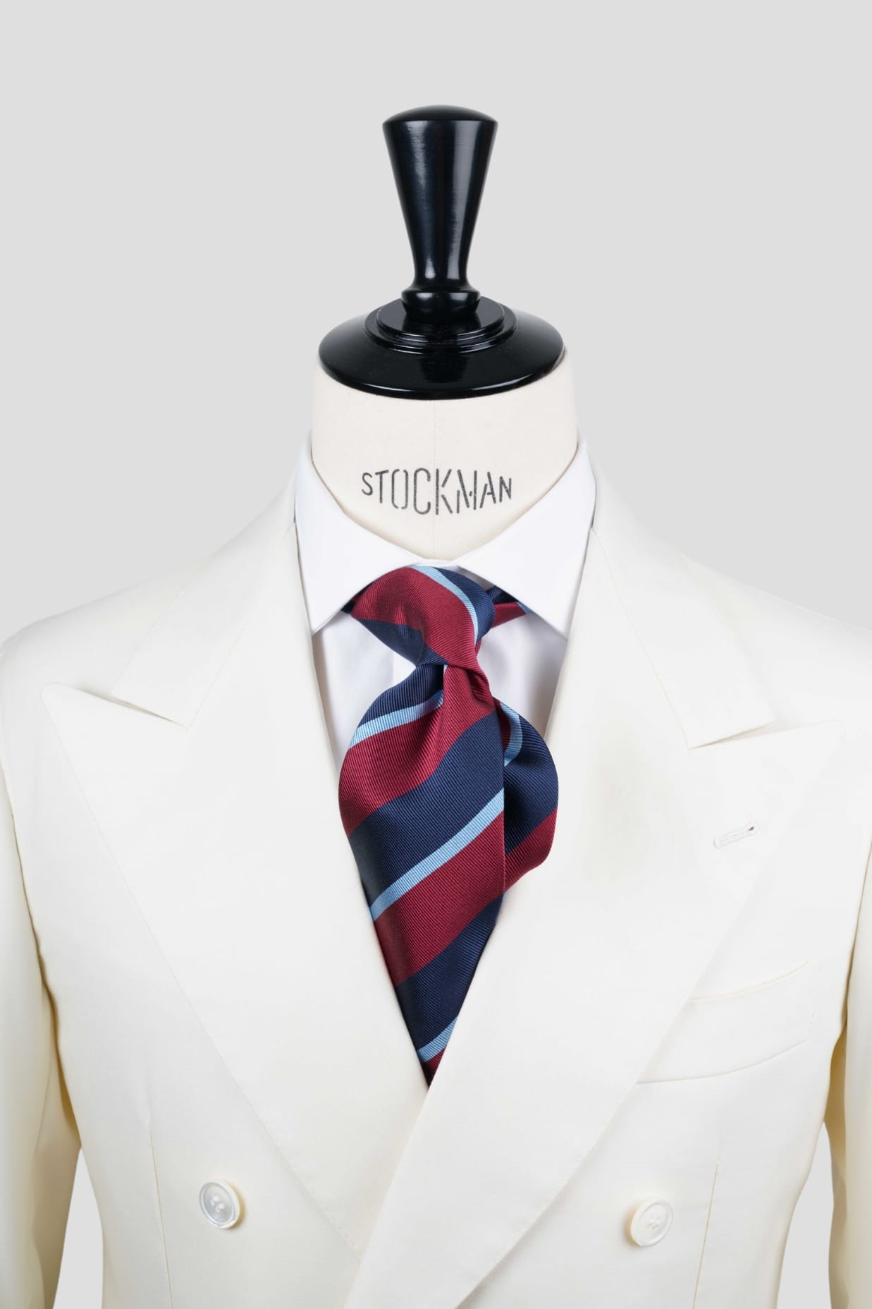 Cravate sartoriale à 3 plis, en soie tissée bleu marine, rayée carmin et bleu ciel