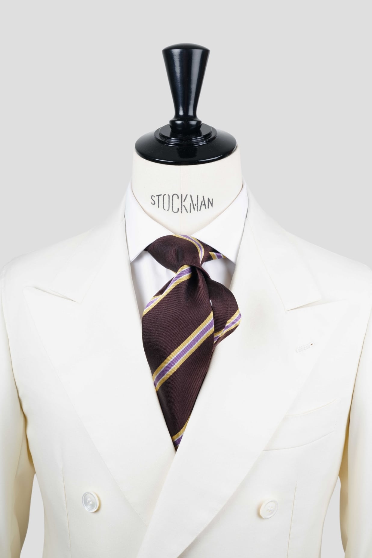 Cravate sartoriale à 3 plis, en soie tissée marron rayée dorée, violet et blanc