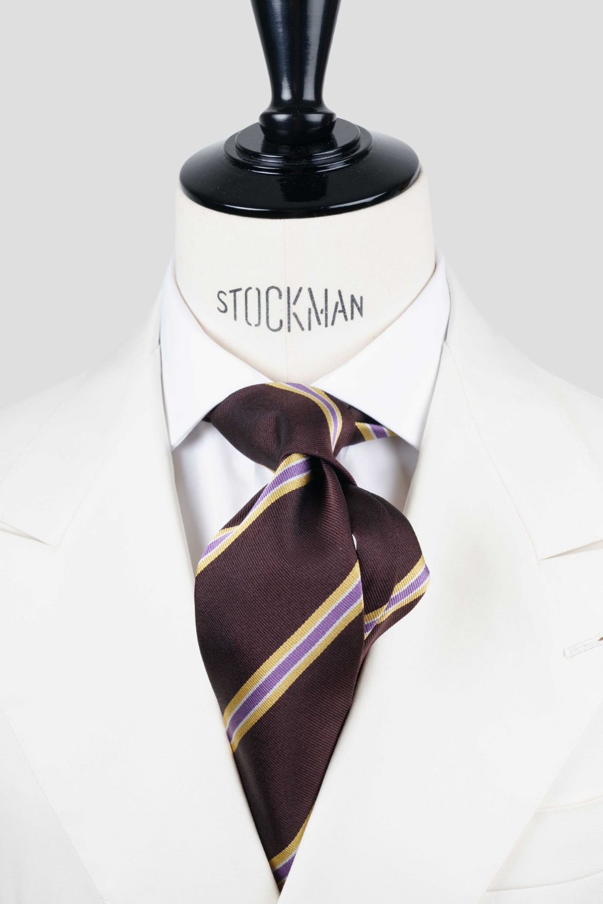 Cravate sartoriale à 3 plis, en soie tissée marron rayée dorée, violet et blanc