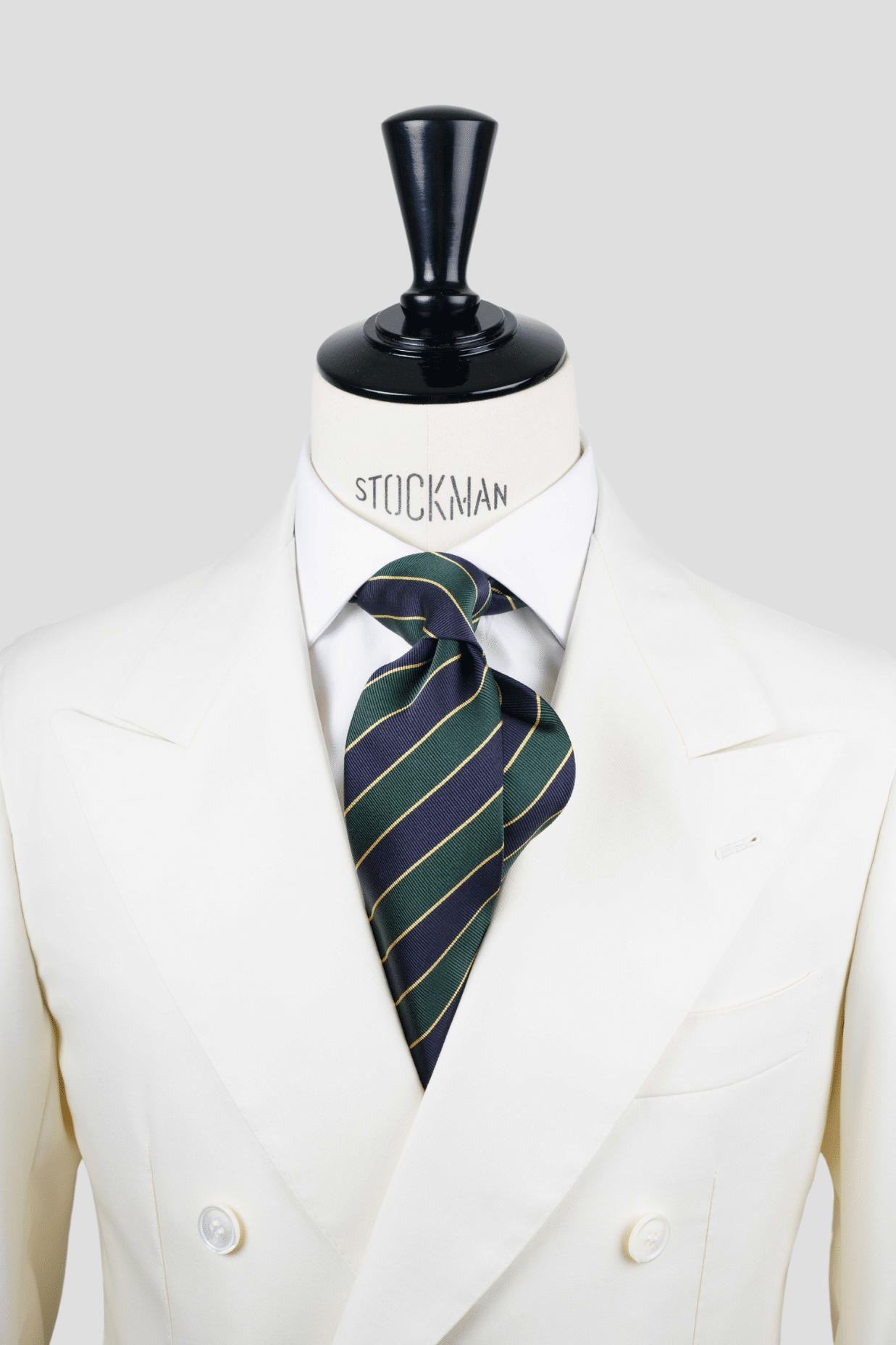 Cravate sartoriale à 3 plis, en soie tissée marine rayée vert et jaune