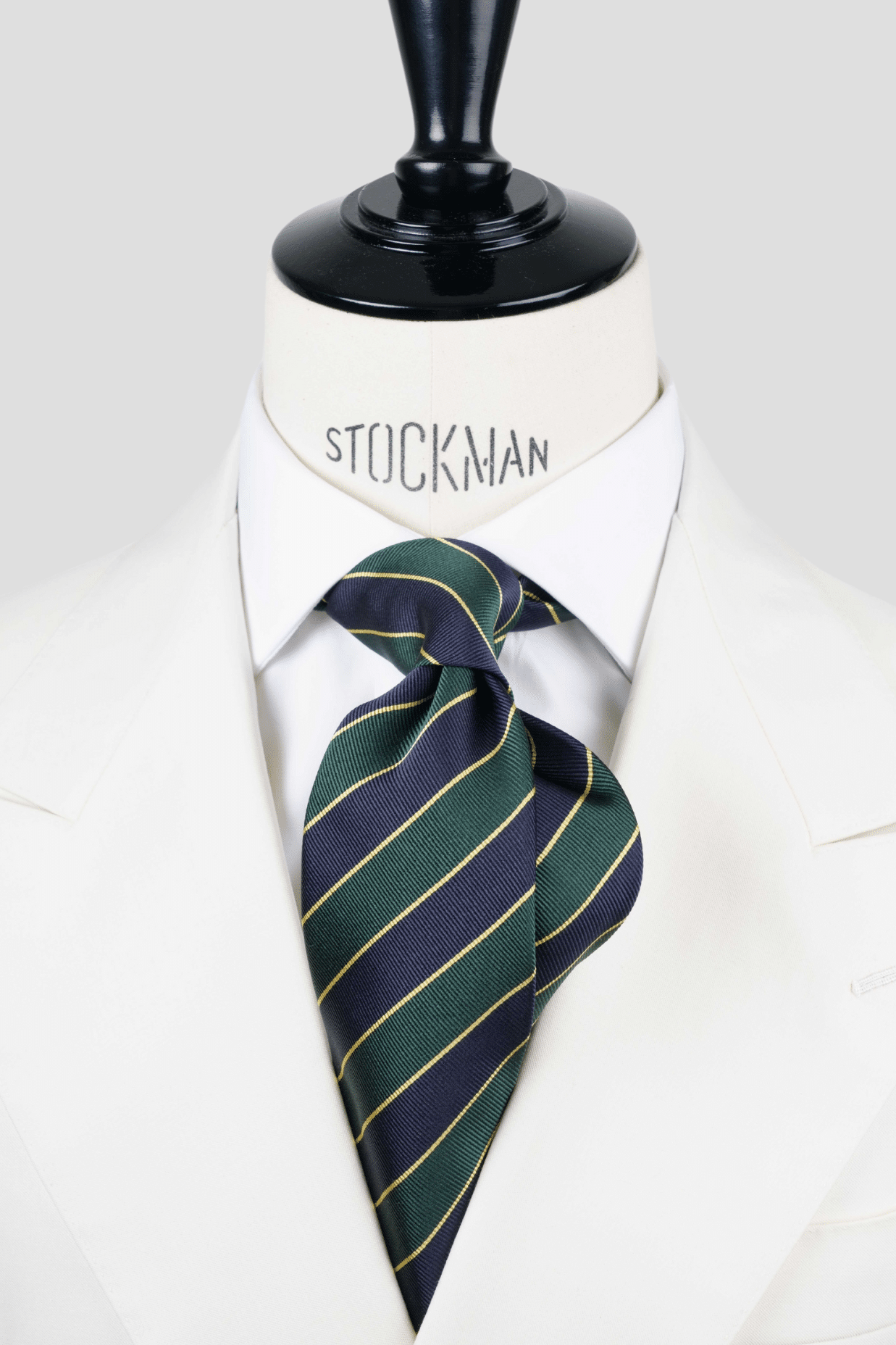 Cravate sartoriale à 3 plis, en soie tissée marine rayée vert et jaune