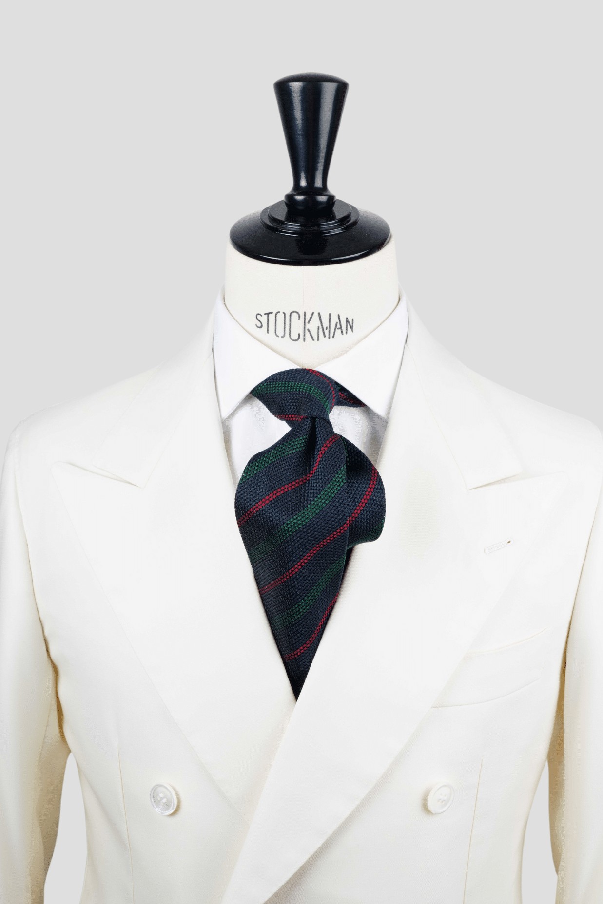 Cravate sartoriale à 3 plis, en soie tissée marine rayée vert et rouge