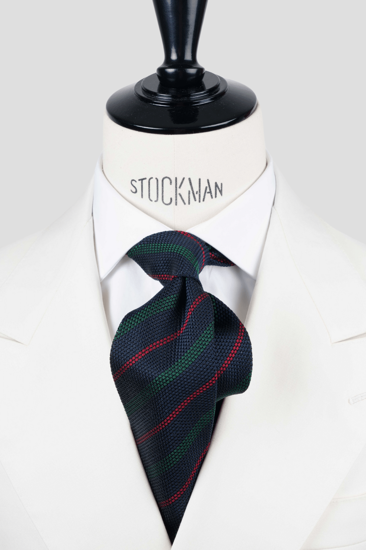 Cravate sartoriale à 3 plis, en soie tissée marine rayée vert et rouge