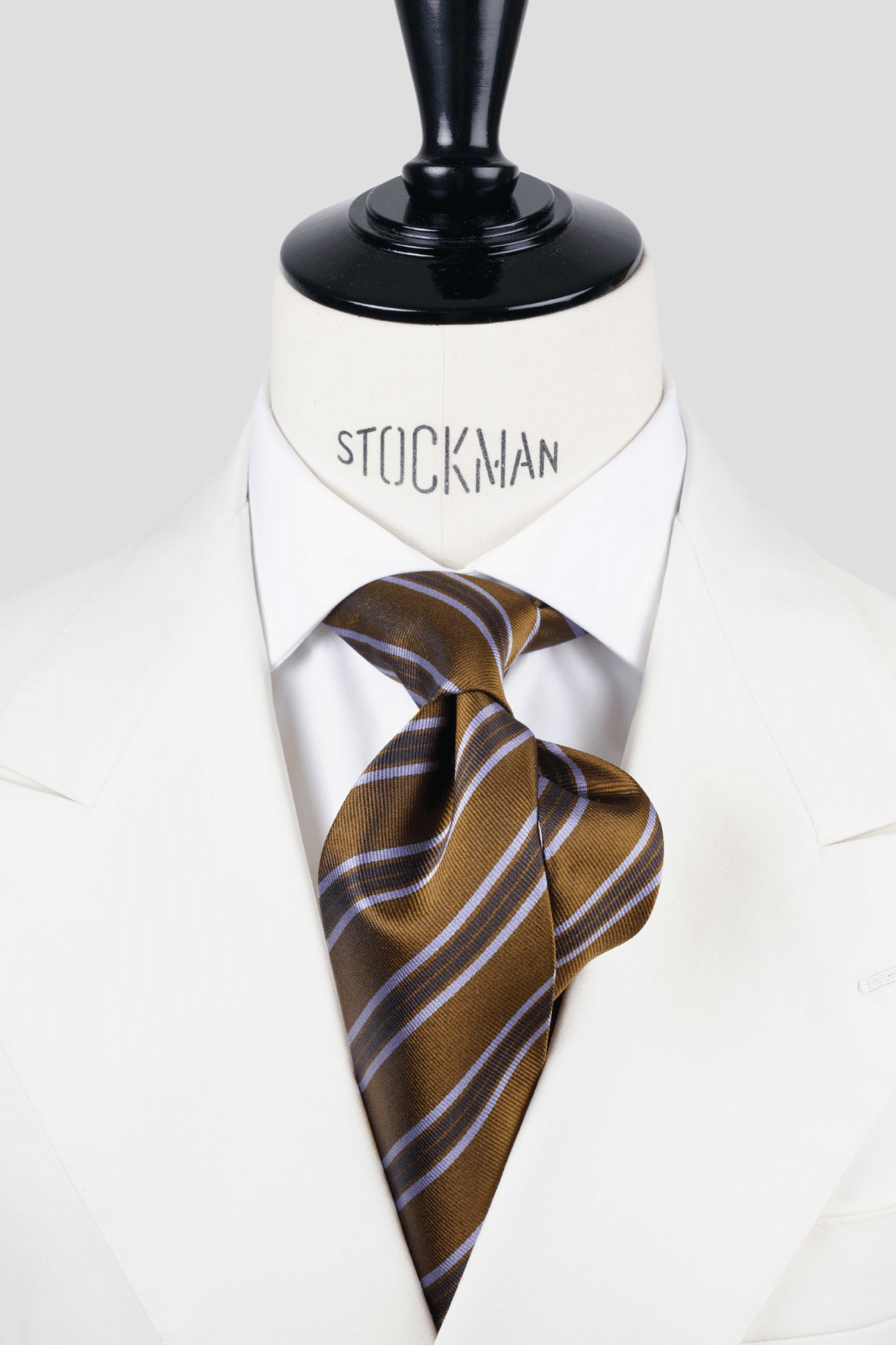 Cravate sartoriale à 3 plis, en soie tissée vert olive rayée violet