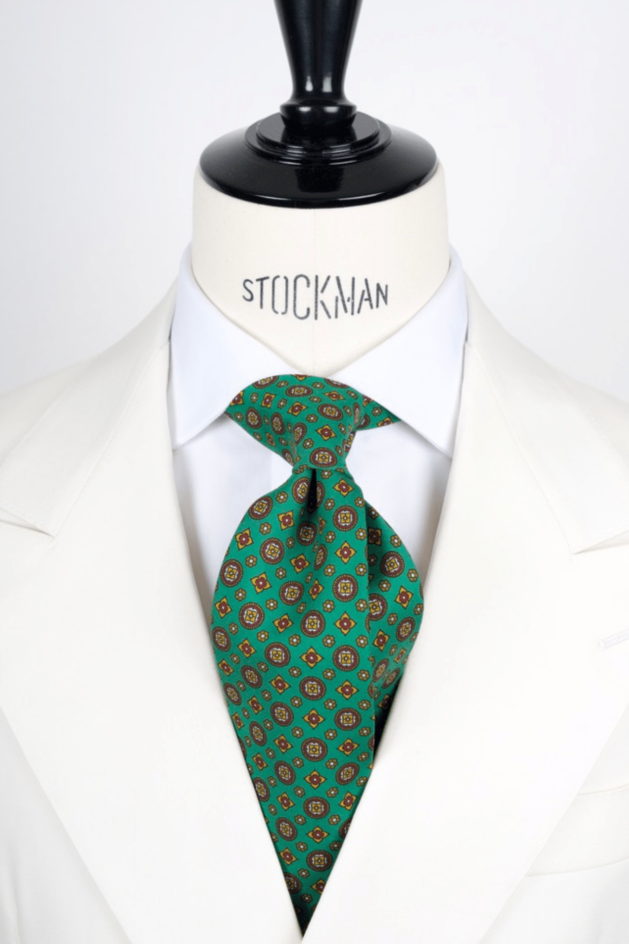 Cravate sartoriale à 3 plis, en soie imprimée vert, motif géométrique