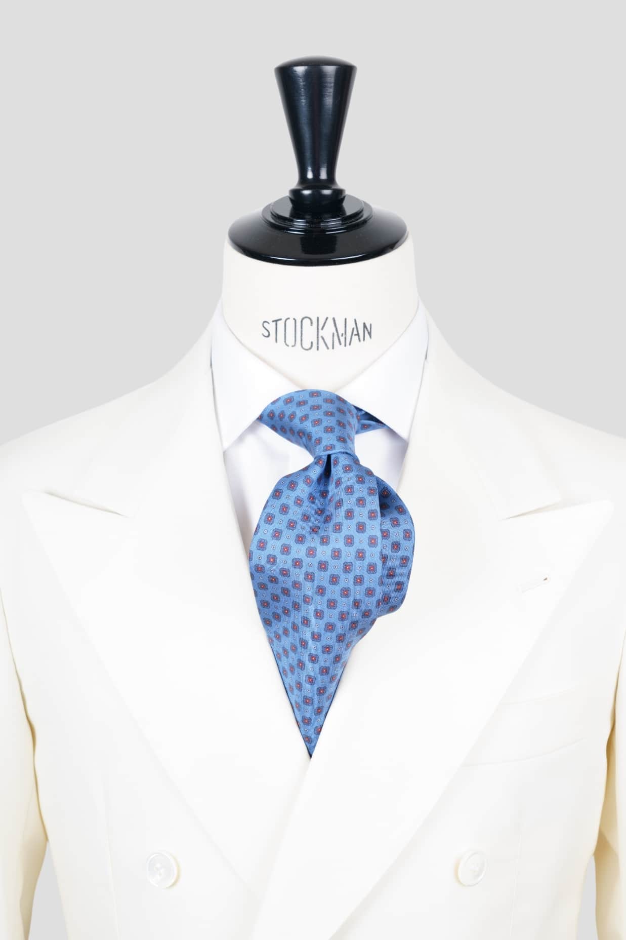 Cravate sartoriale à 3 plis, en soie imprimée bleu pâle, motif multiple