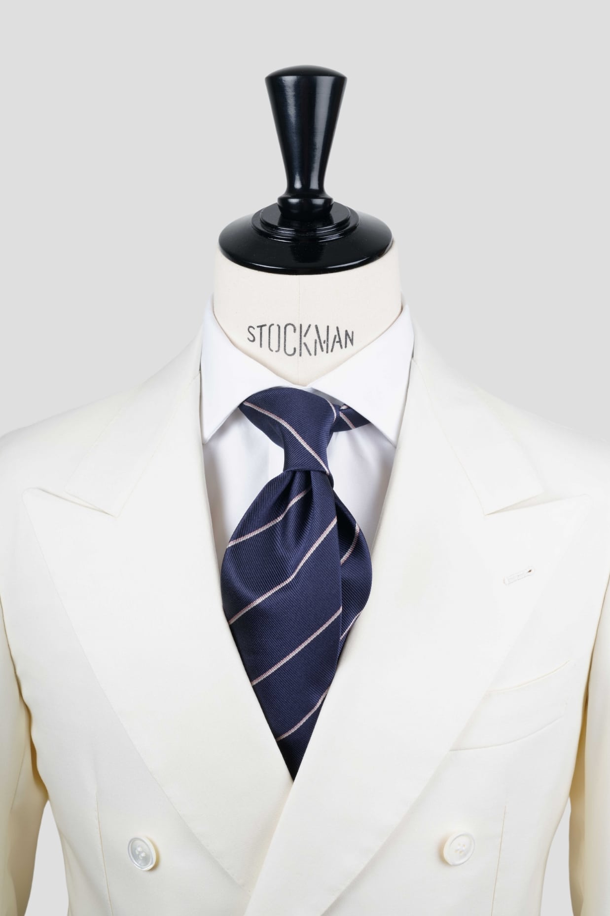 Cravate sartoriale à 3 plis, en soie tissée bleu foncé, rayure rose et blanche