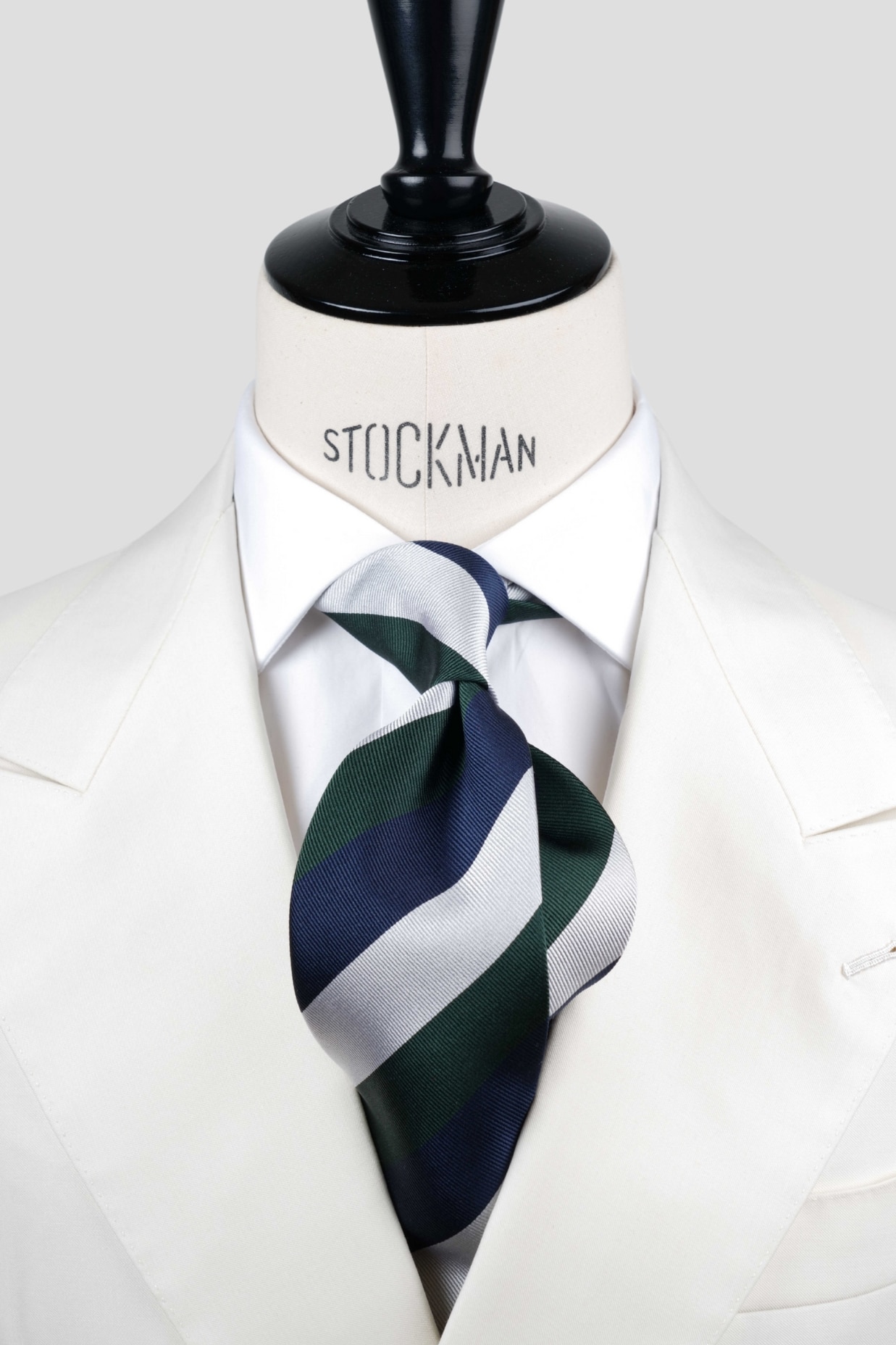 Cravate sartoriale à 3 plis, soie tissée, rayures blocs, bleu foncé vert et argent