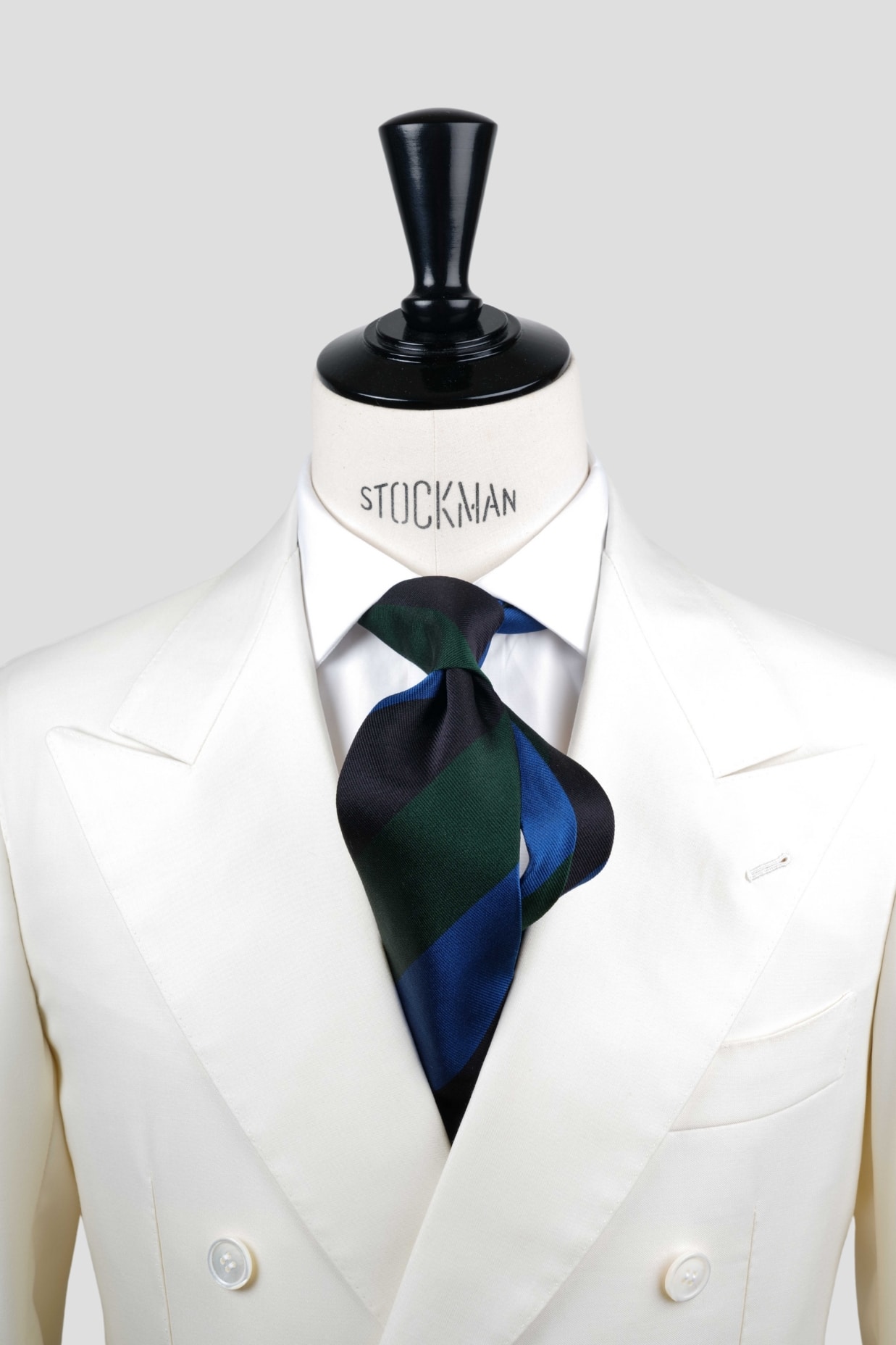 Cravate sartoriale à 3 plis, soie tissée, rayures blocs, bleu foncé vert et bleu clair