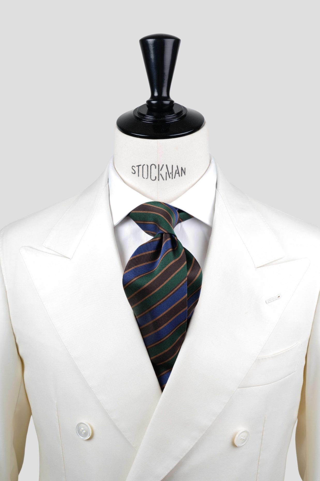 Cravate sartoriale à 3 plis, soie tissée, rayures bleu, verte et dorée