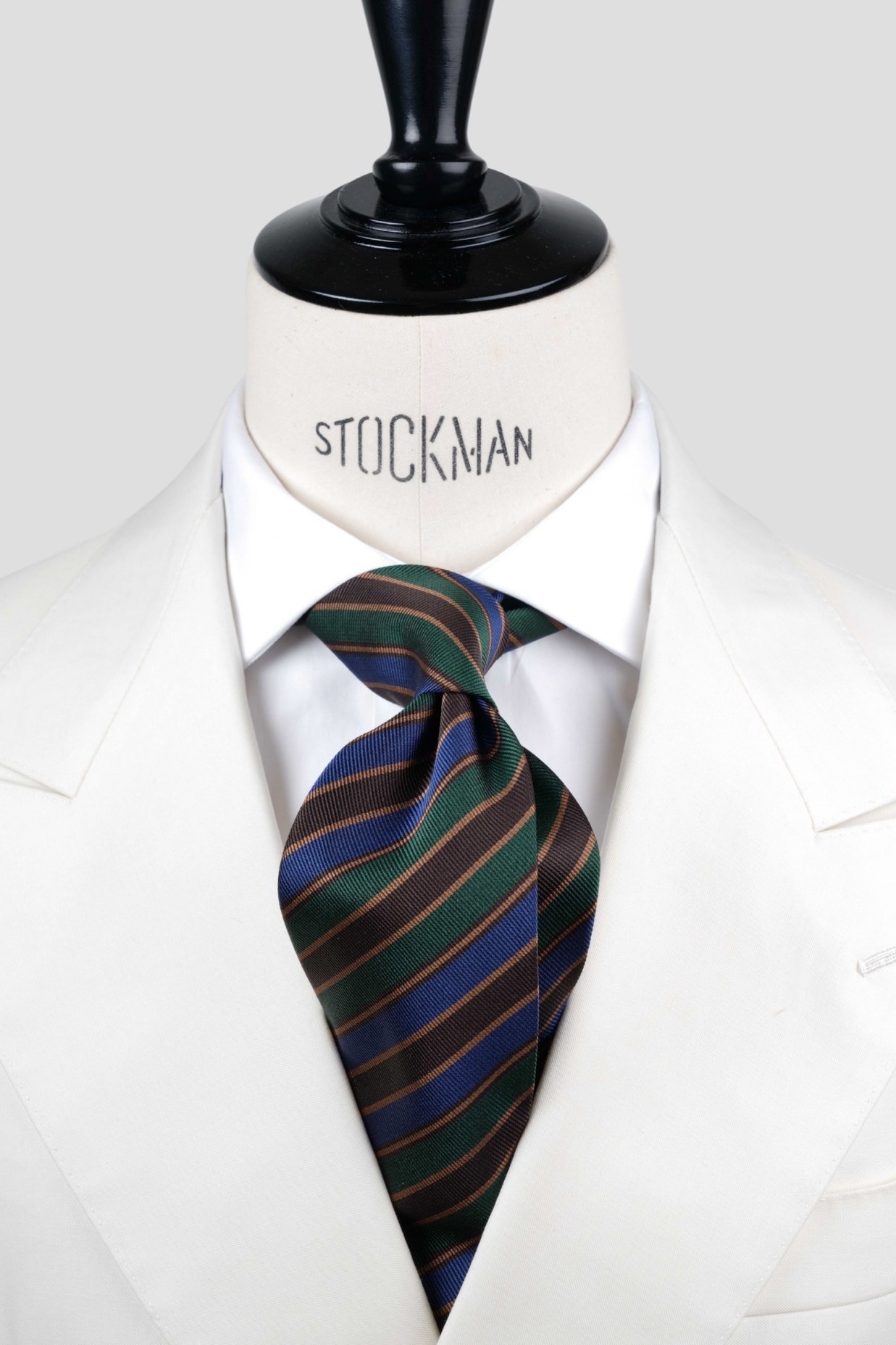 Cravate sartoriale à 3 plis, soie tissée, rayures bleu, verte et dorée