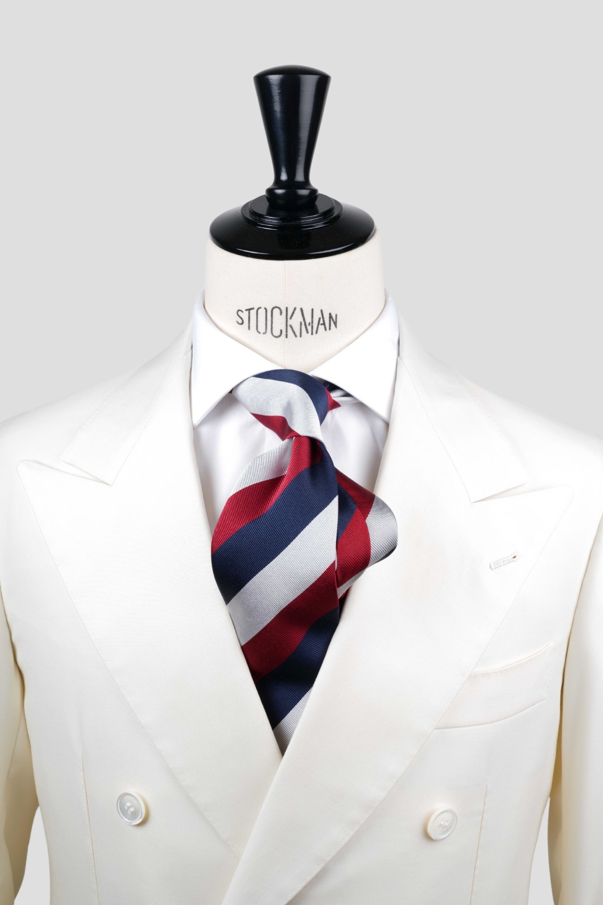 Cravate sartoriale à 3 plis, soie tissée, rayures blocs, bleu rouge et argent