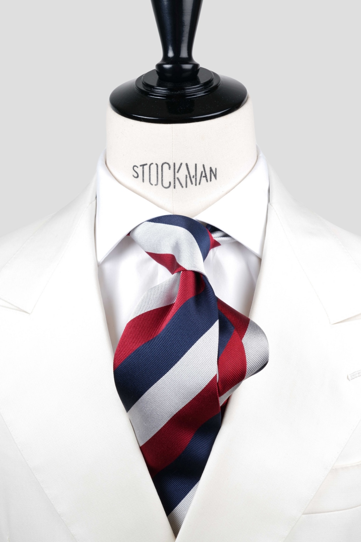 Cravate sartoriale à 3 plis, soie tissée, rayures blocs, bleu rouge et argent