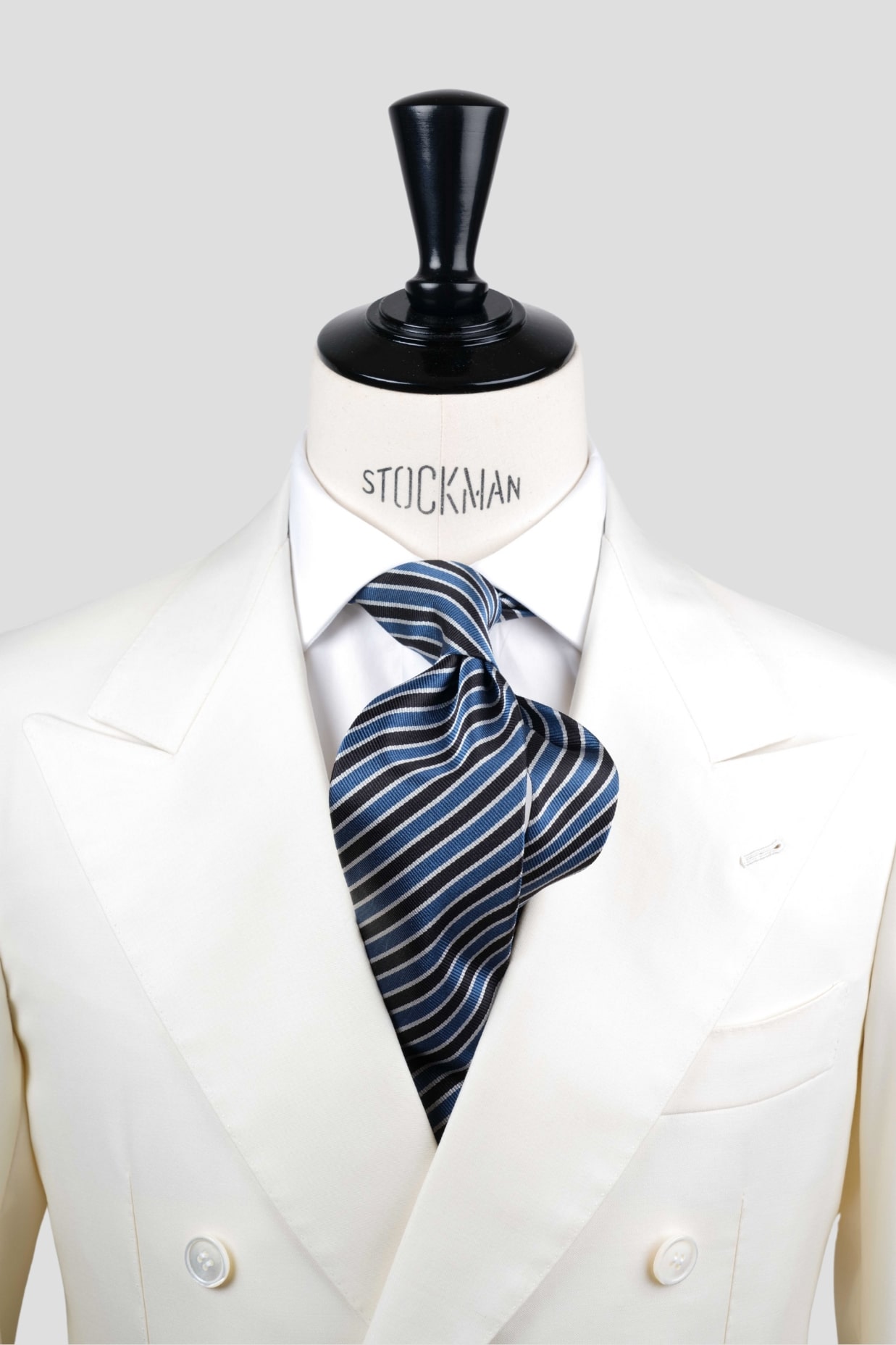 Cravate sartoriale à 3 plis, soie tissée, bleu à rayures