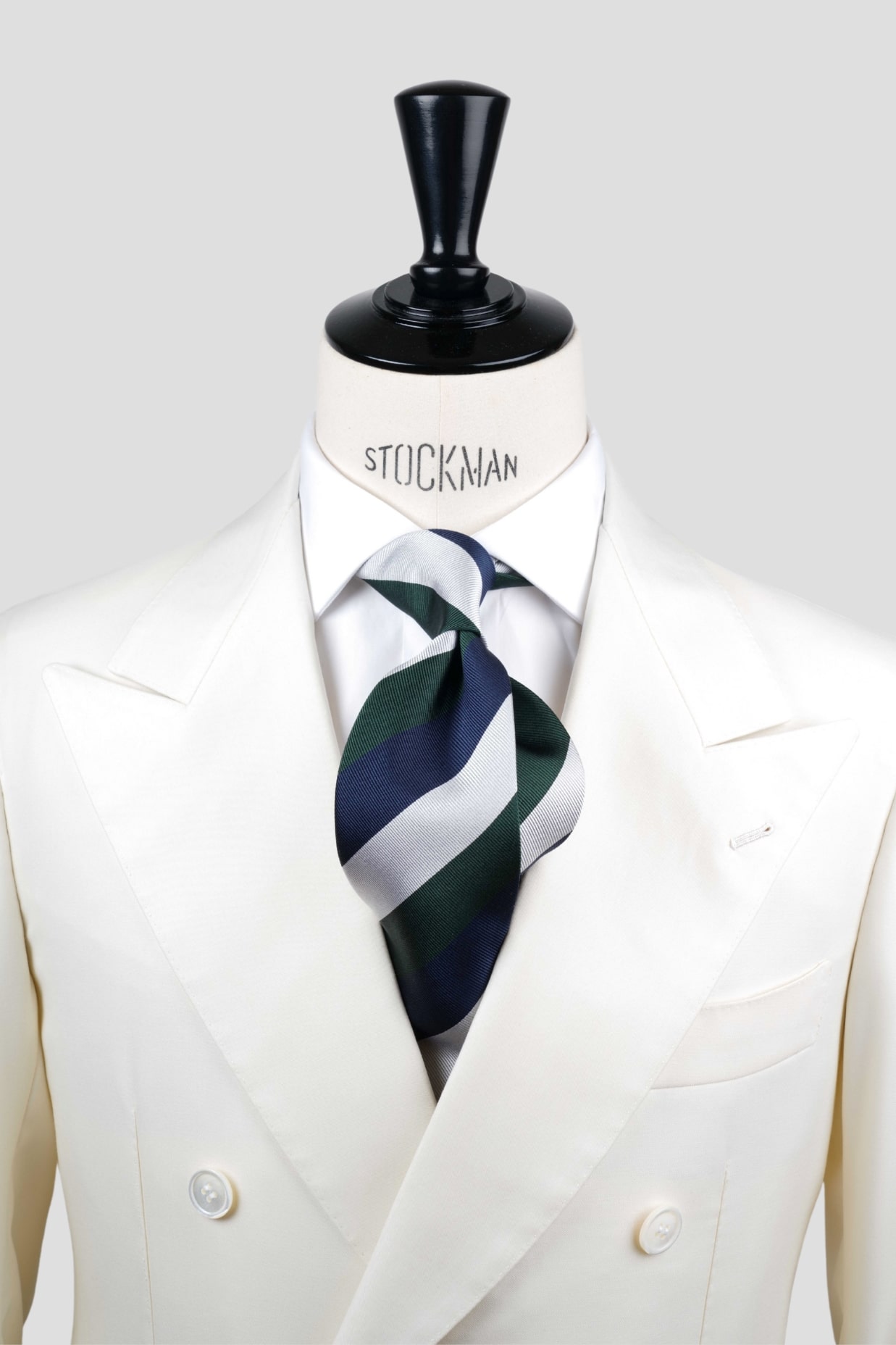 Cravate sartoriale à 3 plis, soie tissée, rayures blocs, bleu foncé vert et argent