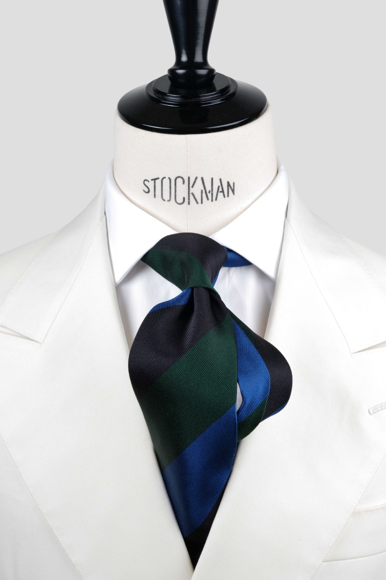 Cravate sartoriale à 3 plis, soie tissée, rayures blocs, bleu foncé vert et bleu clair