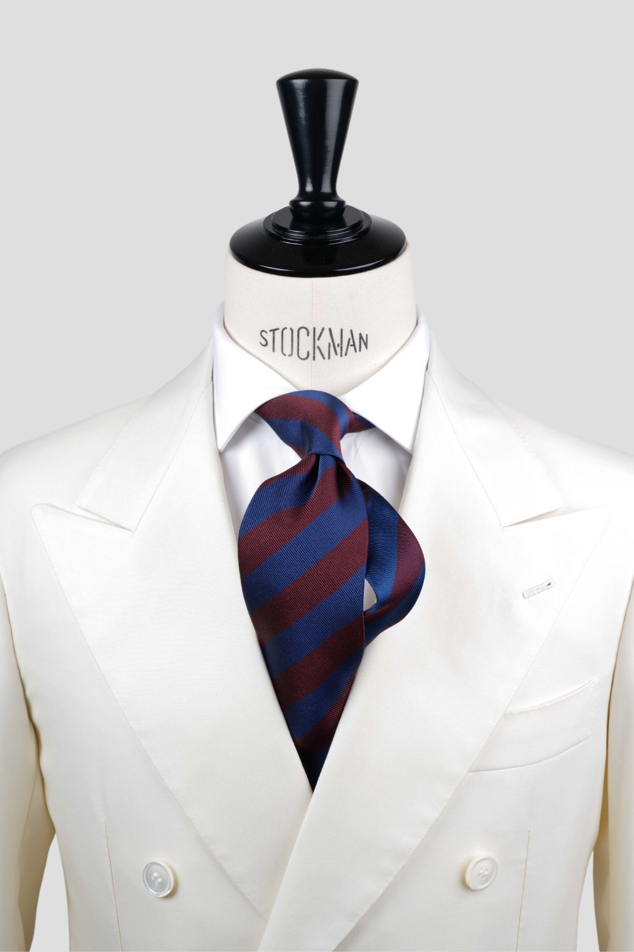 Cravate sartoriale à 3 plis, soie tissée, rayures blocs, bleu foncé et bordeaux