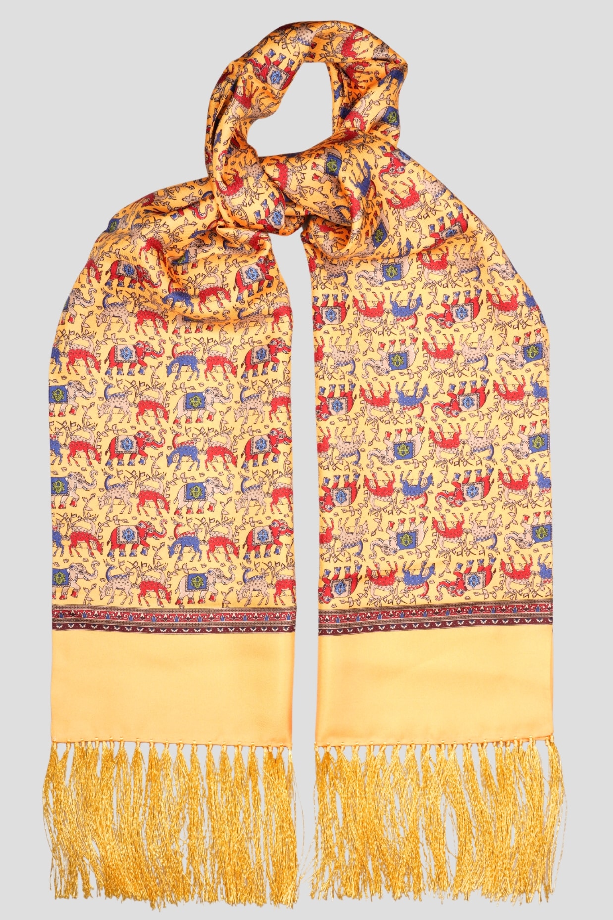 Echarpe tubulaire, 100% soie, jaune motif animaux