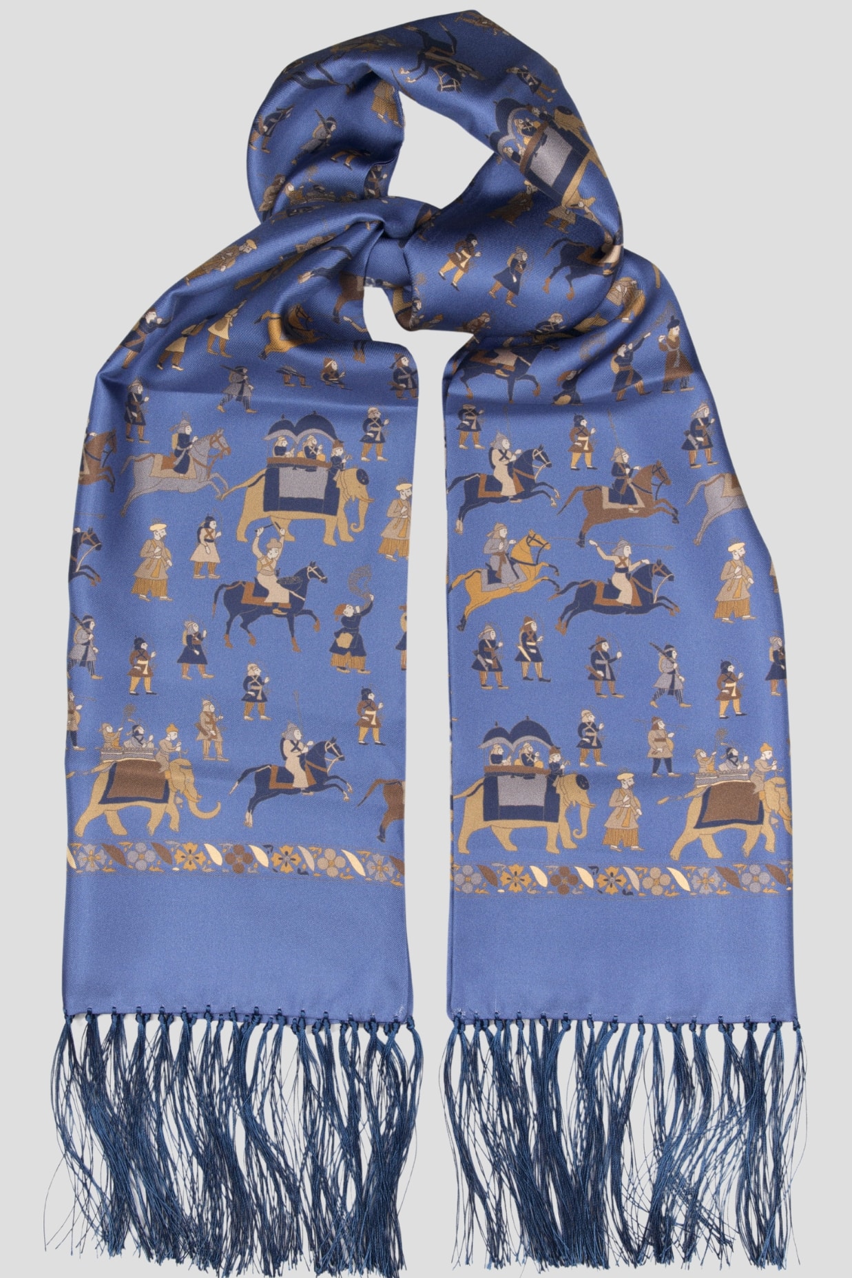 Echarpe tubulaire, 100% soie, bleu foncé motif guerriers