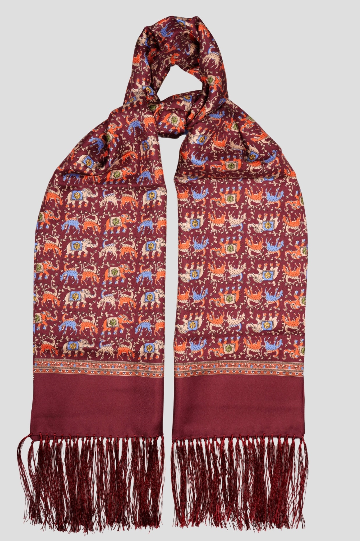 Echarpe tubulaire, 100% soie, bordeaux motif animaux