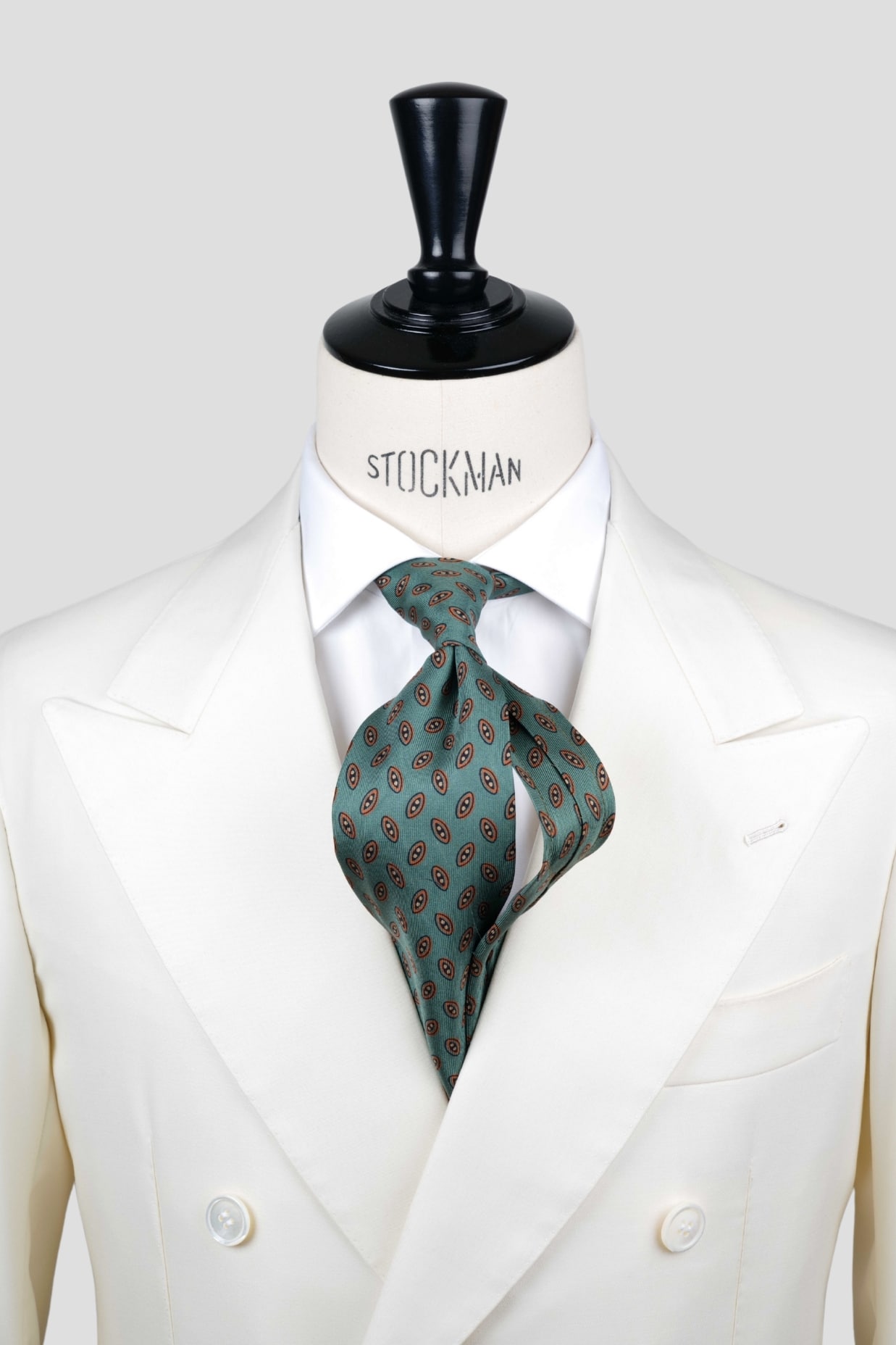 Cravate sartoriale à 7 plis, en soie madder vert, motifs géométriques