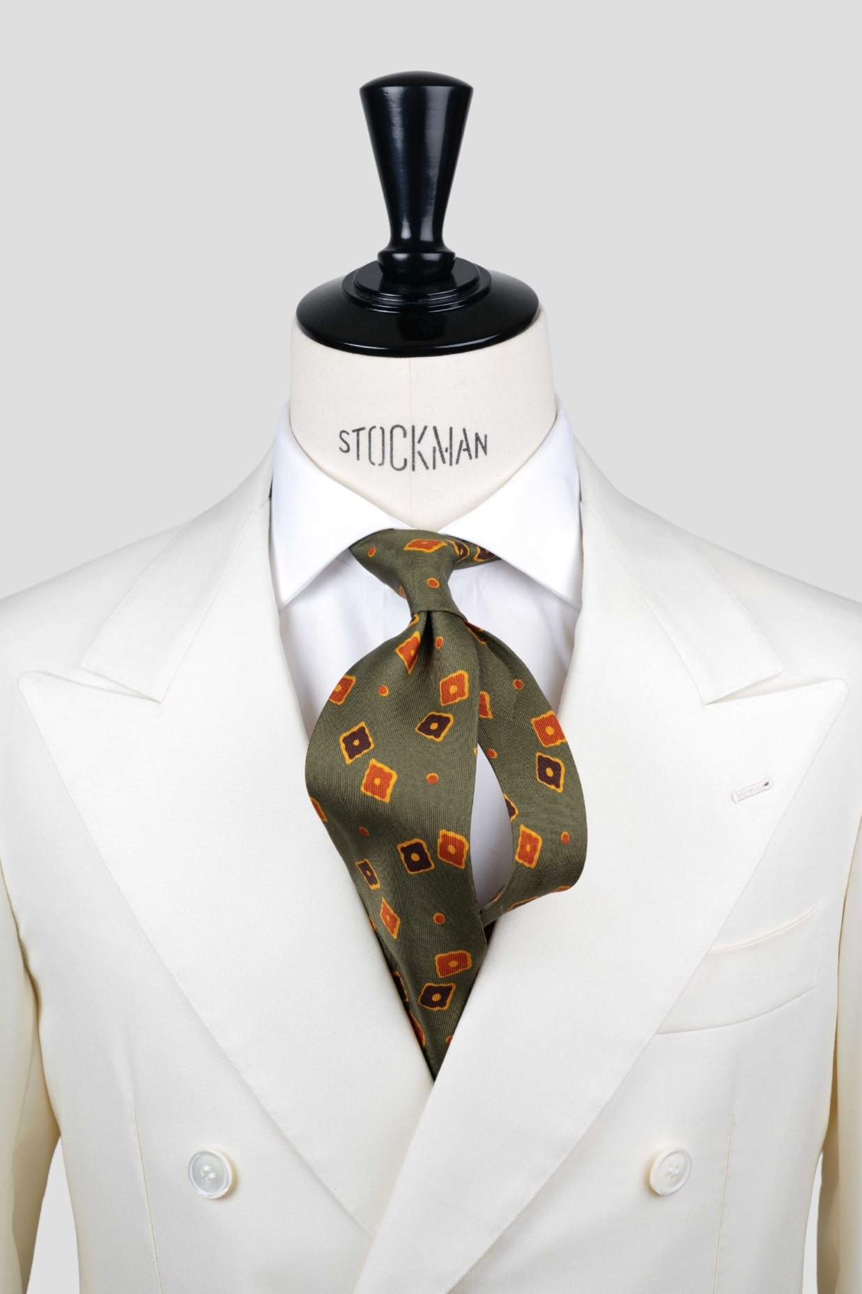 Cravate sartoriale à 7 plis, en soie madder verte, motif géométrique