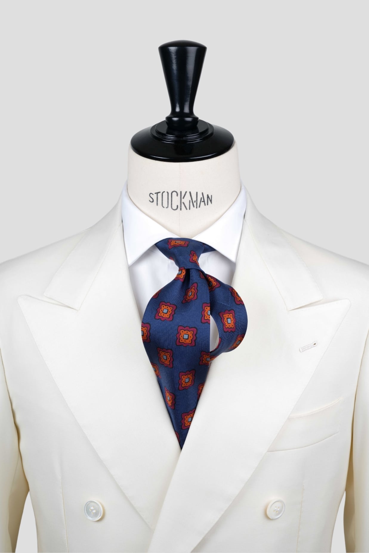 Cravate sartoriale à 7 plis, en soie madder bleu marine, motif géométrique