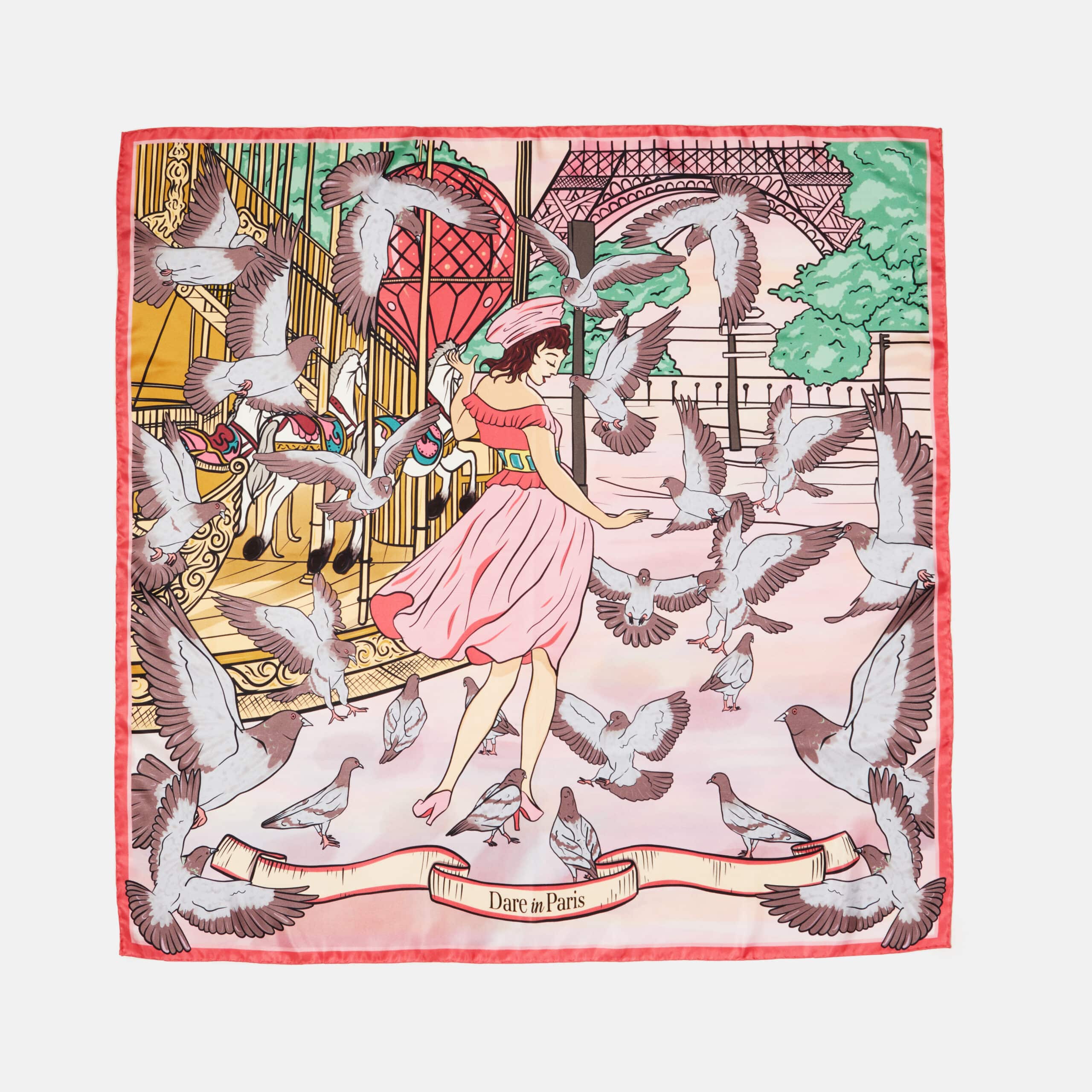 Carré de soie rose bleu et rouge, motif Valse des pigeons