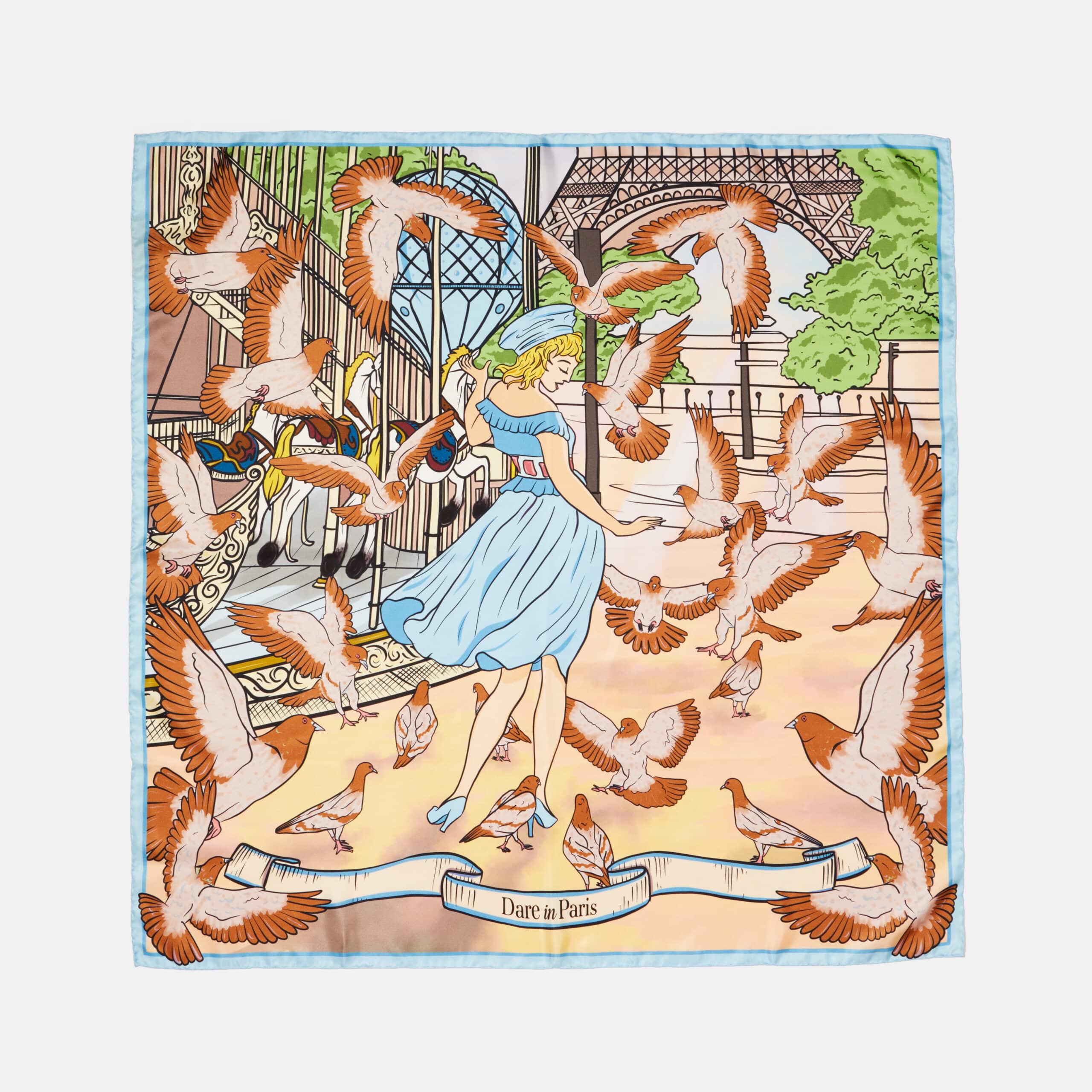 Carré de soie marron et bleu, motif Valse des pigeons