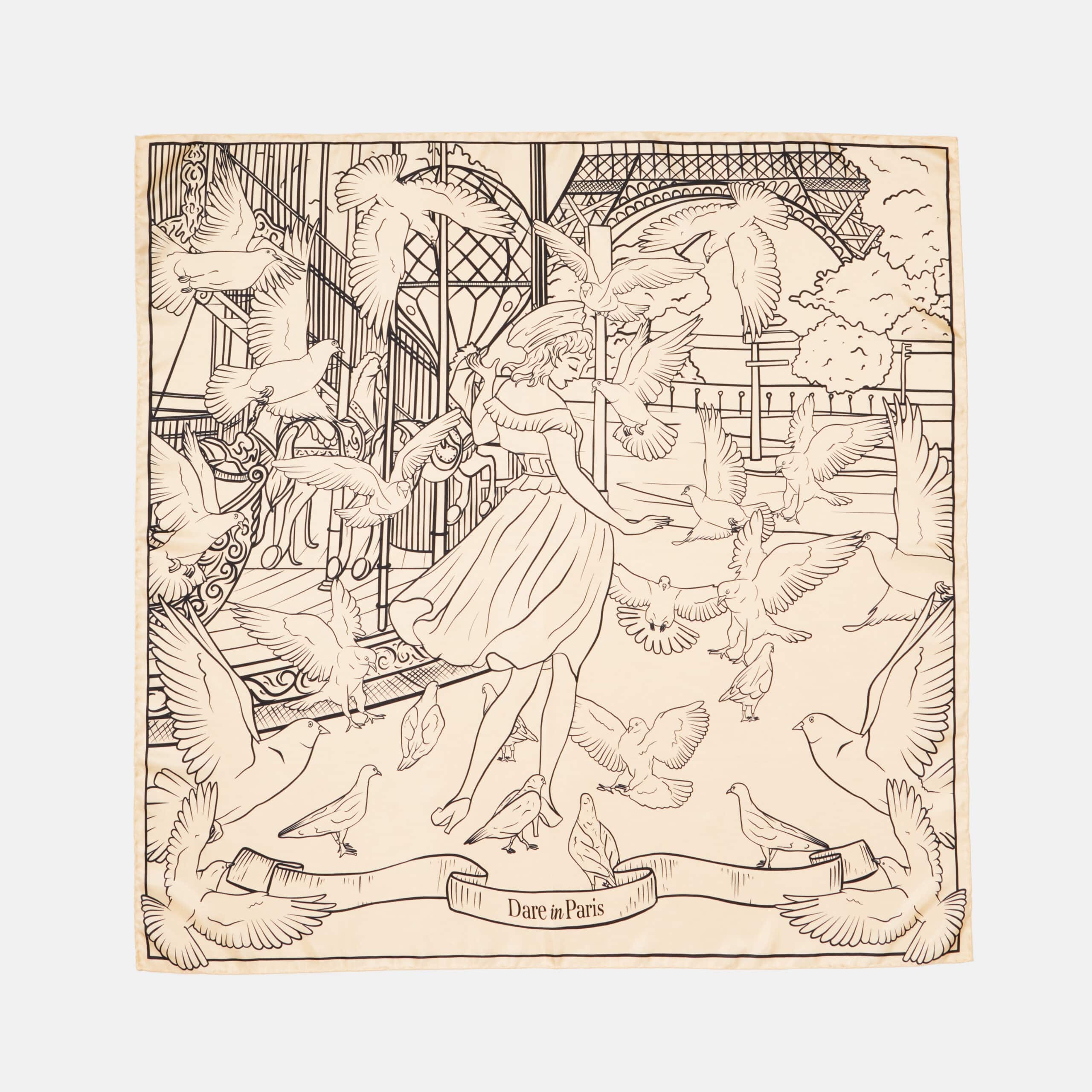 Carré de soie noir et blanc cassé, motif Valse des pigeons