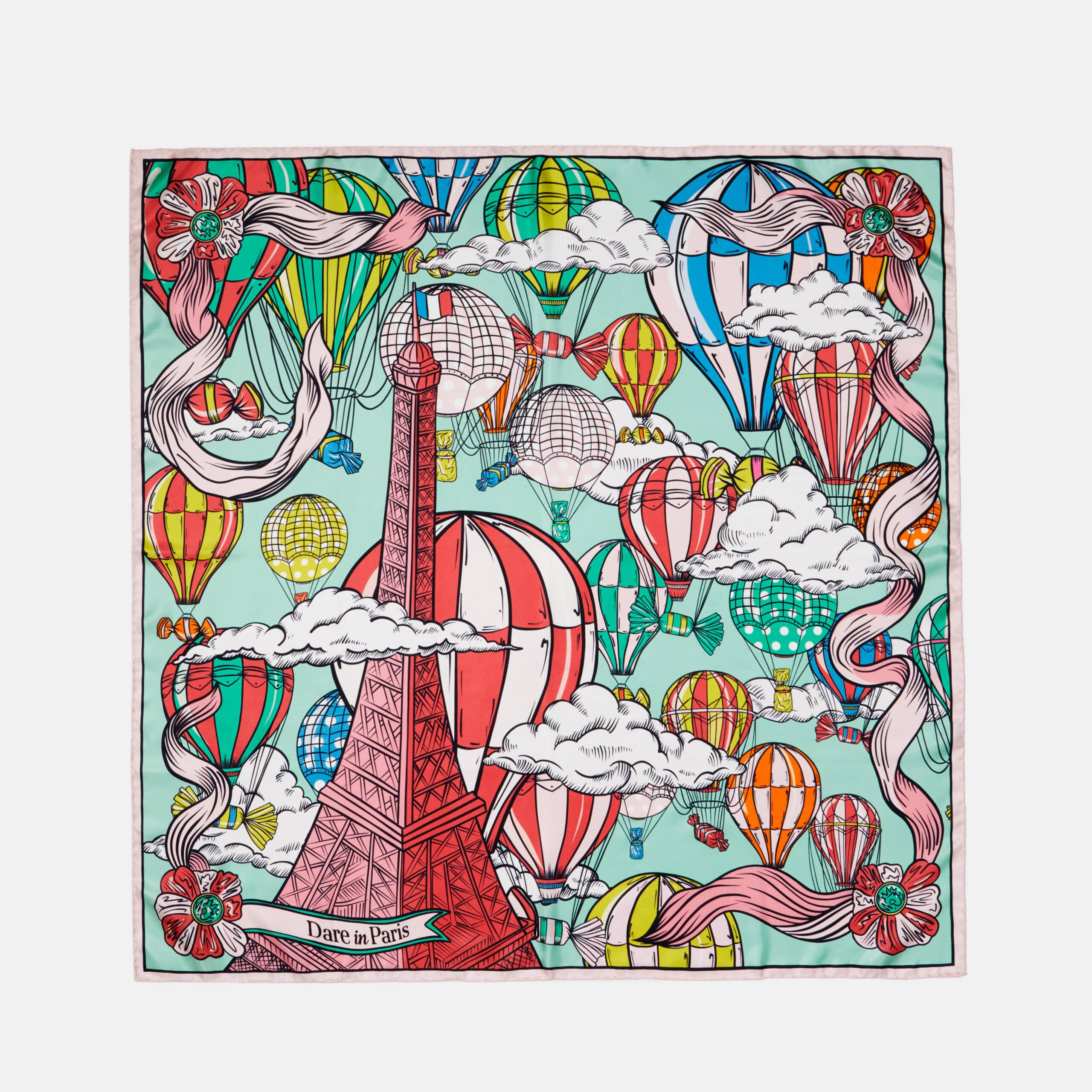 Carré de soie vert et rouge, motif l'Envol des gourmandises