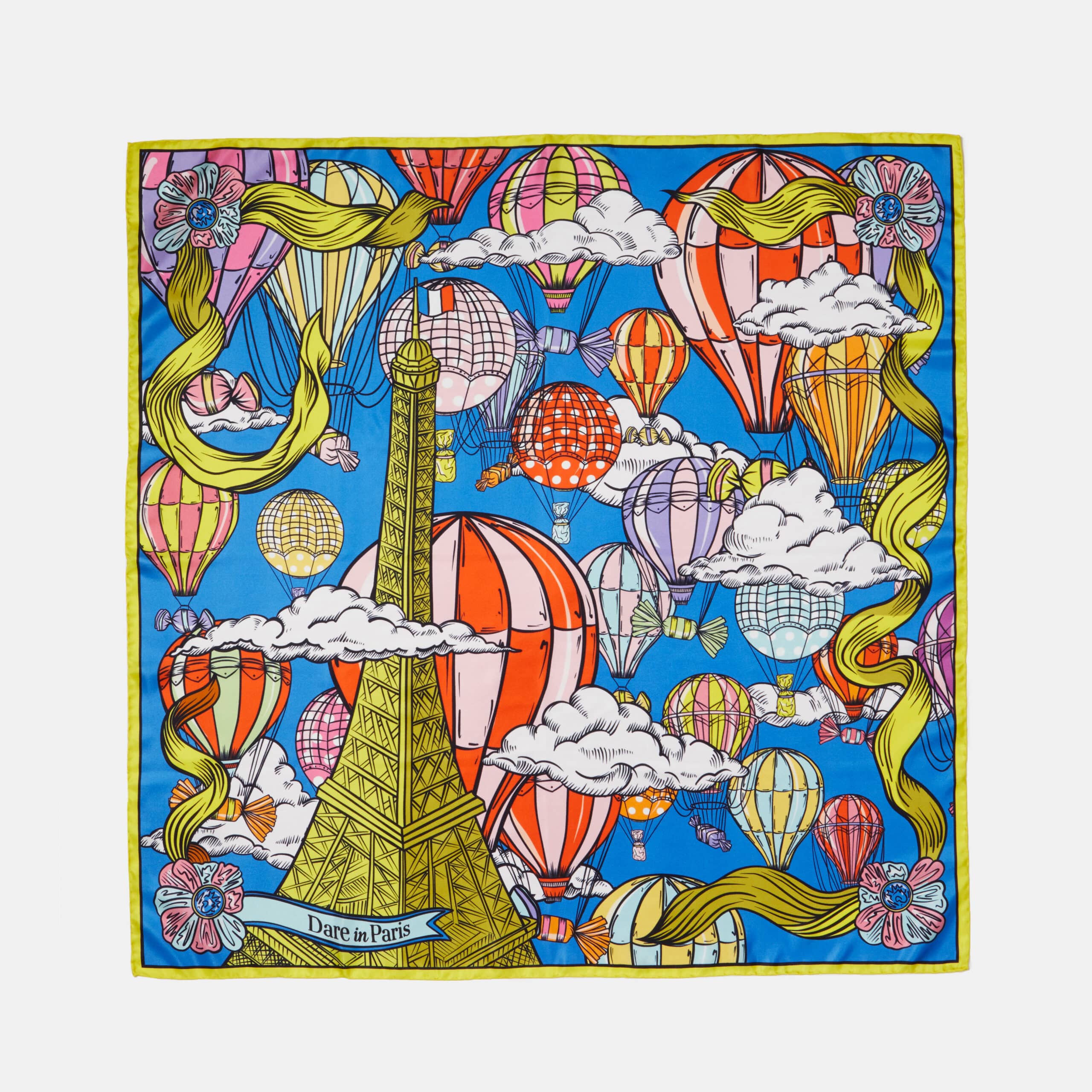 Carré de soie bleu et jaune, motif L'envol des gourmandises