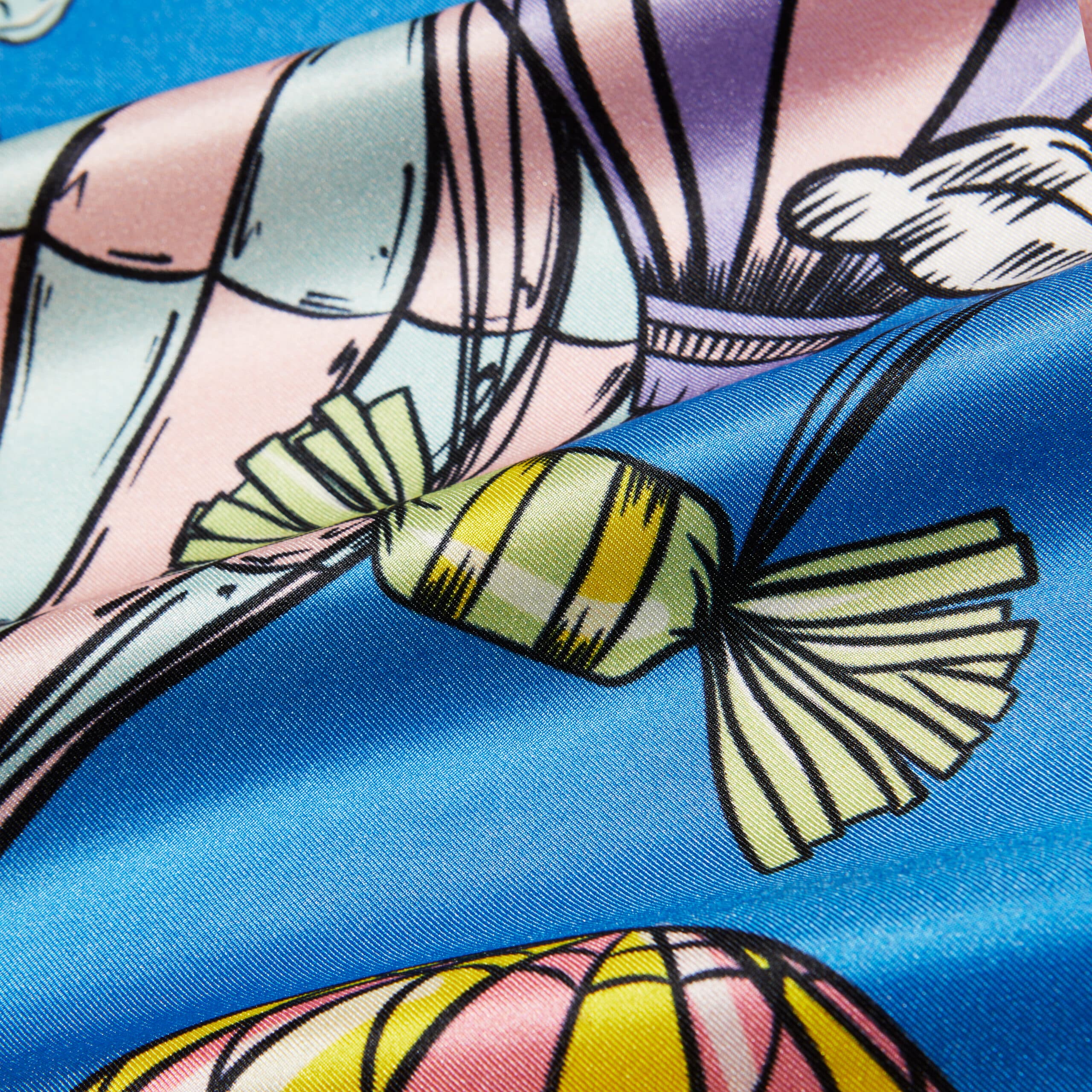 Carré de soie bleu et jaune, motif L'envol des gourmandises