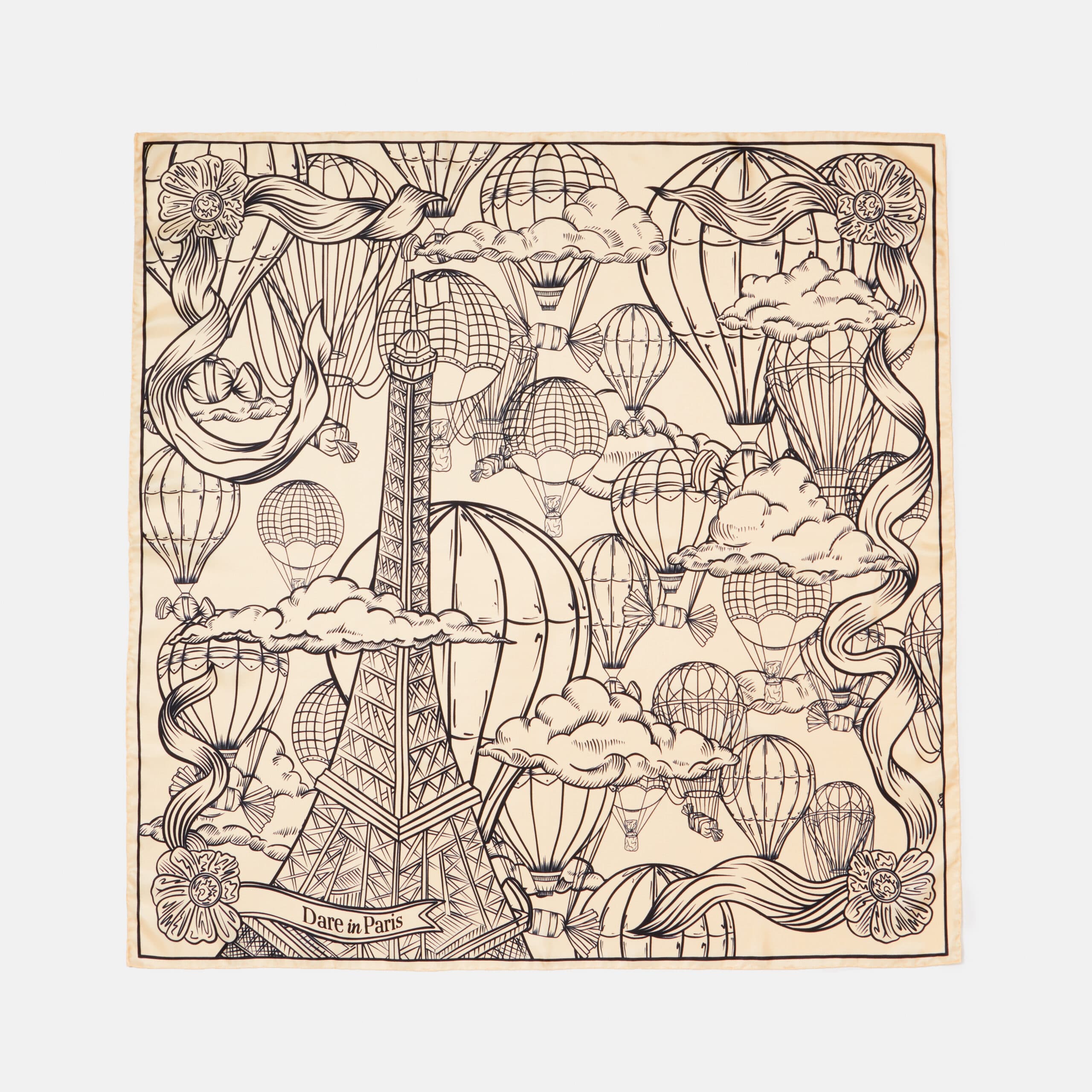 Carré de soie noir et blanc cassé, motif L'envol des gourmandises