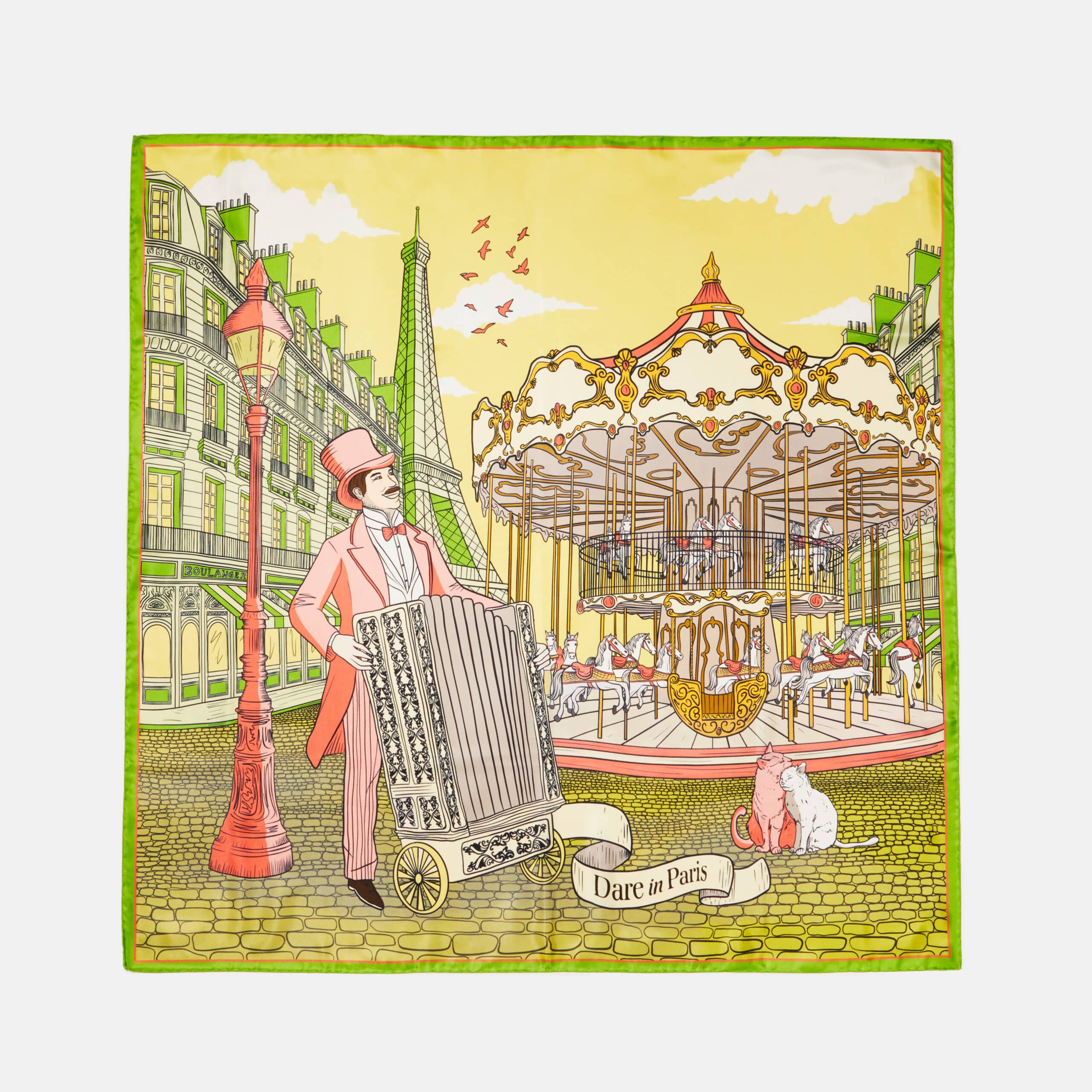 Carré de soie vert, motif l'orgue du boulevard