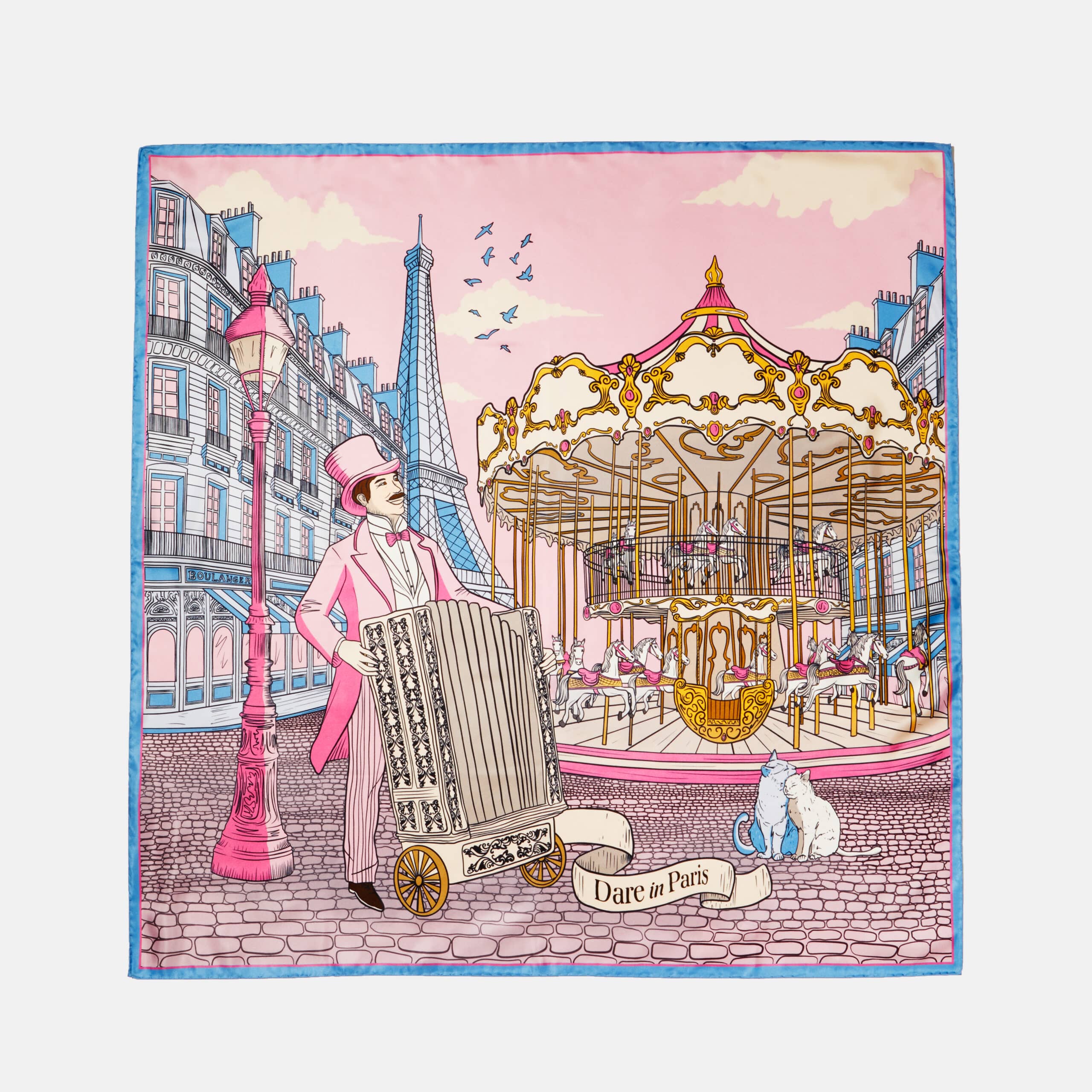 Carré de soie rose et violet, motif l'orgue du boulevard