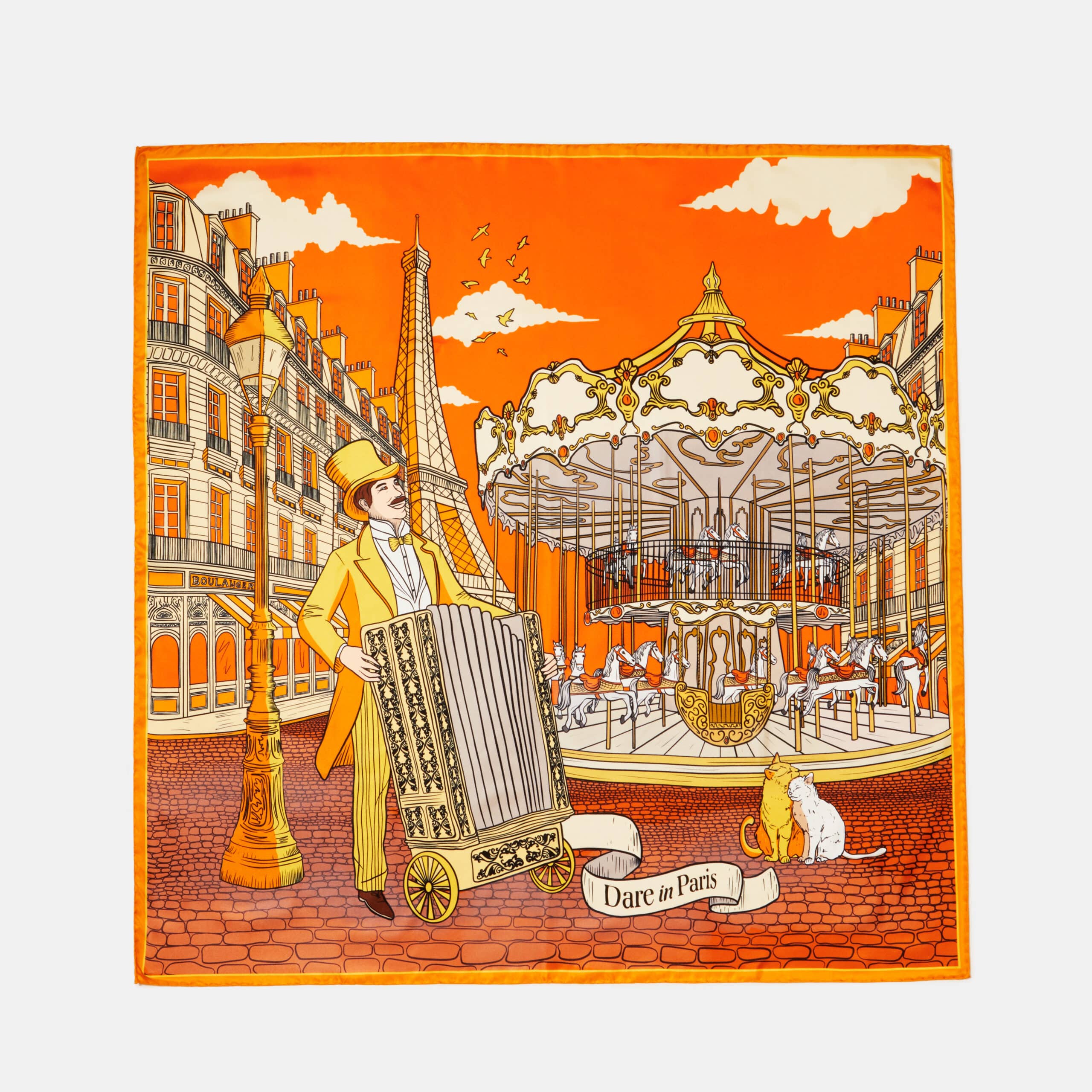 Carré de soie orange, motif l'orgue du boulevard