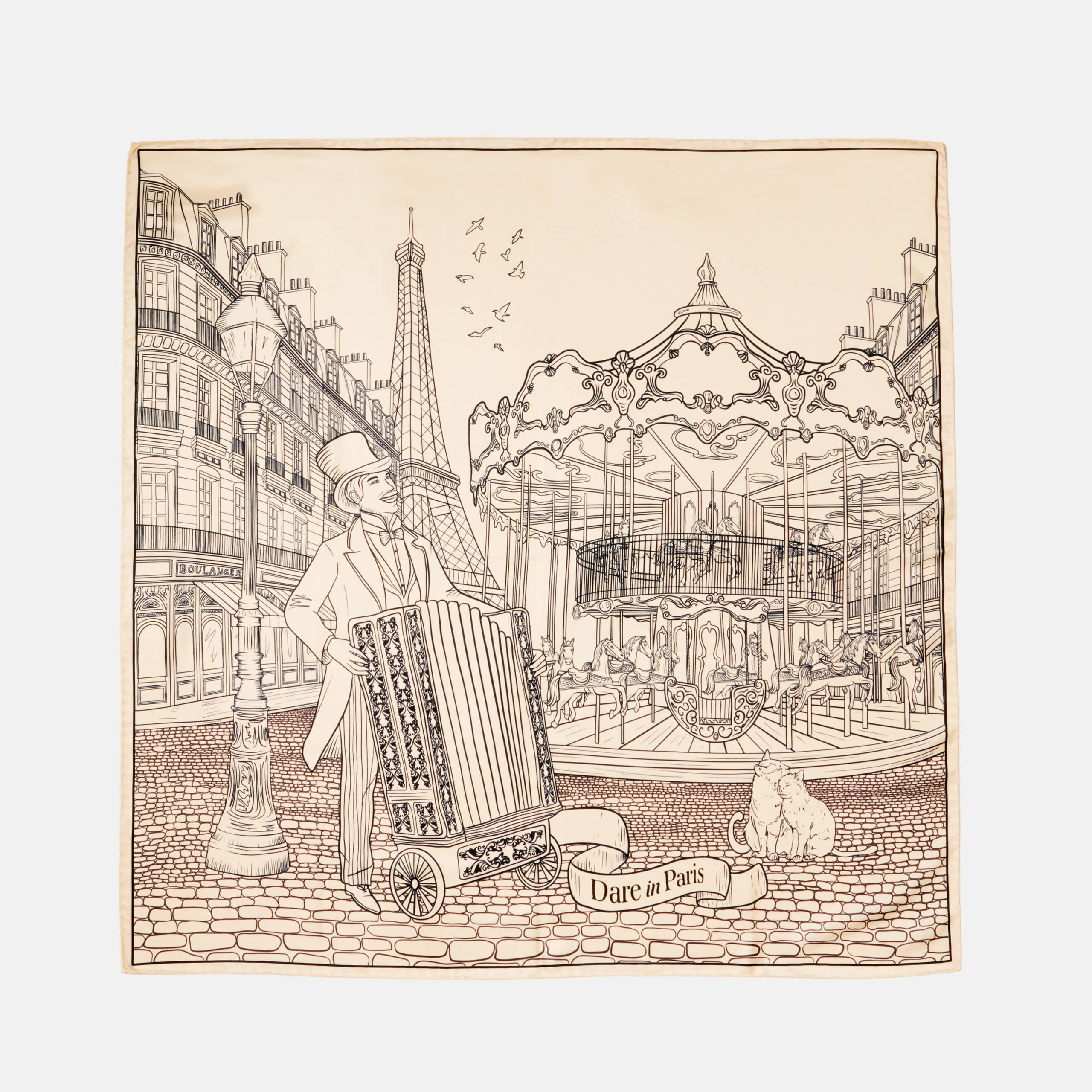 Carré de soie noir et blanc, motif l'orgue du boulevard