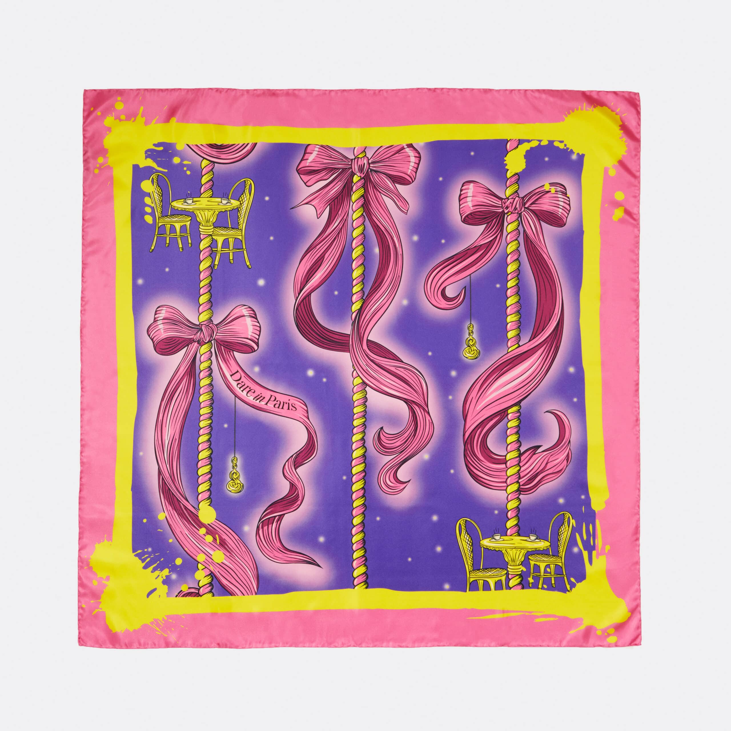 Carré de soie violet et jaune, motif rayures de carrousel