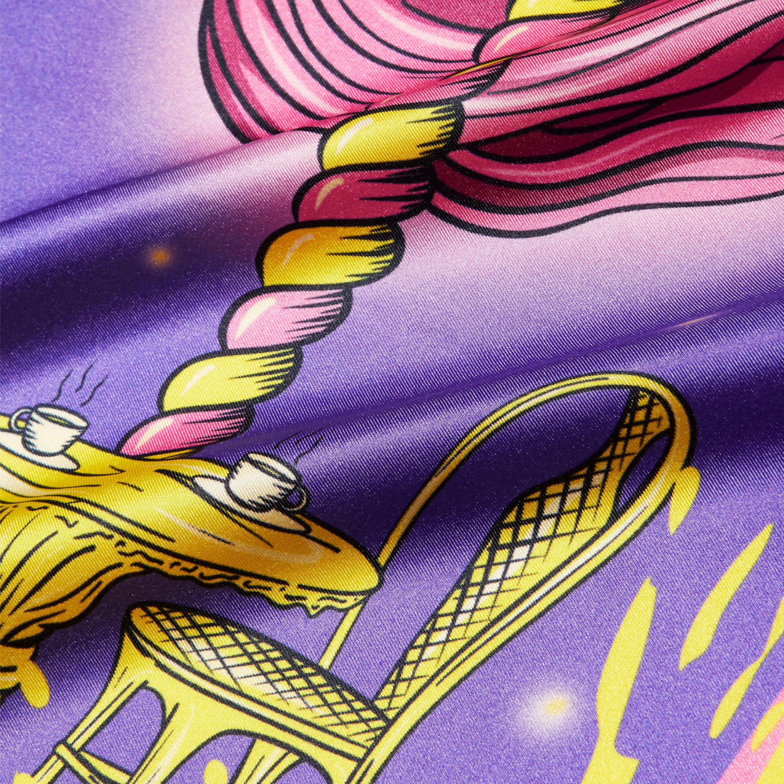 Carré de soie violet et jaune, motif rayures de carrousel