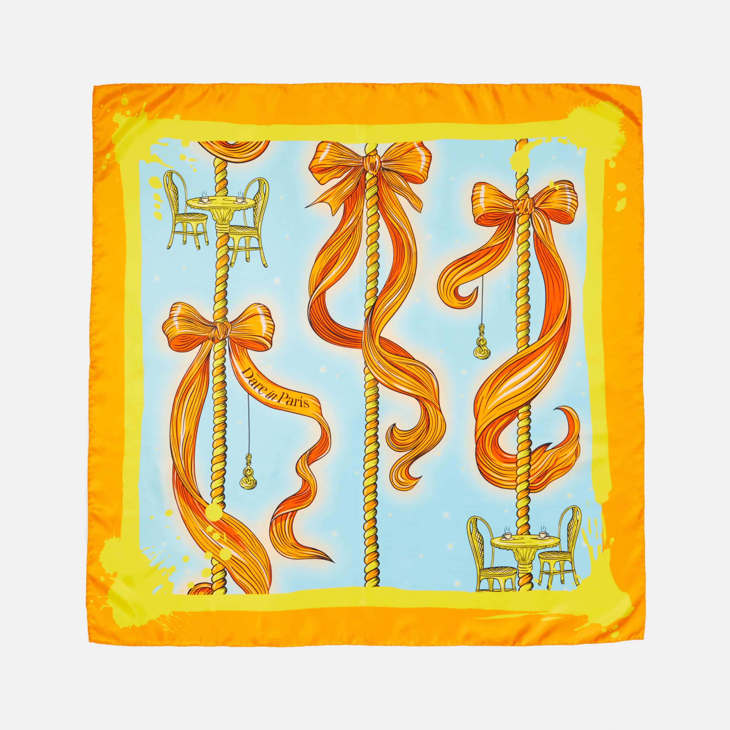 Carré de soie bleu ciel et jaune, motif rayures de carrousel