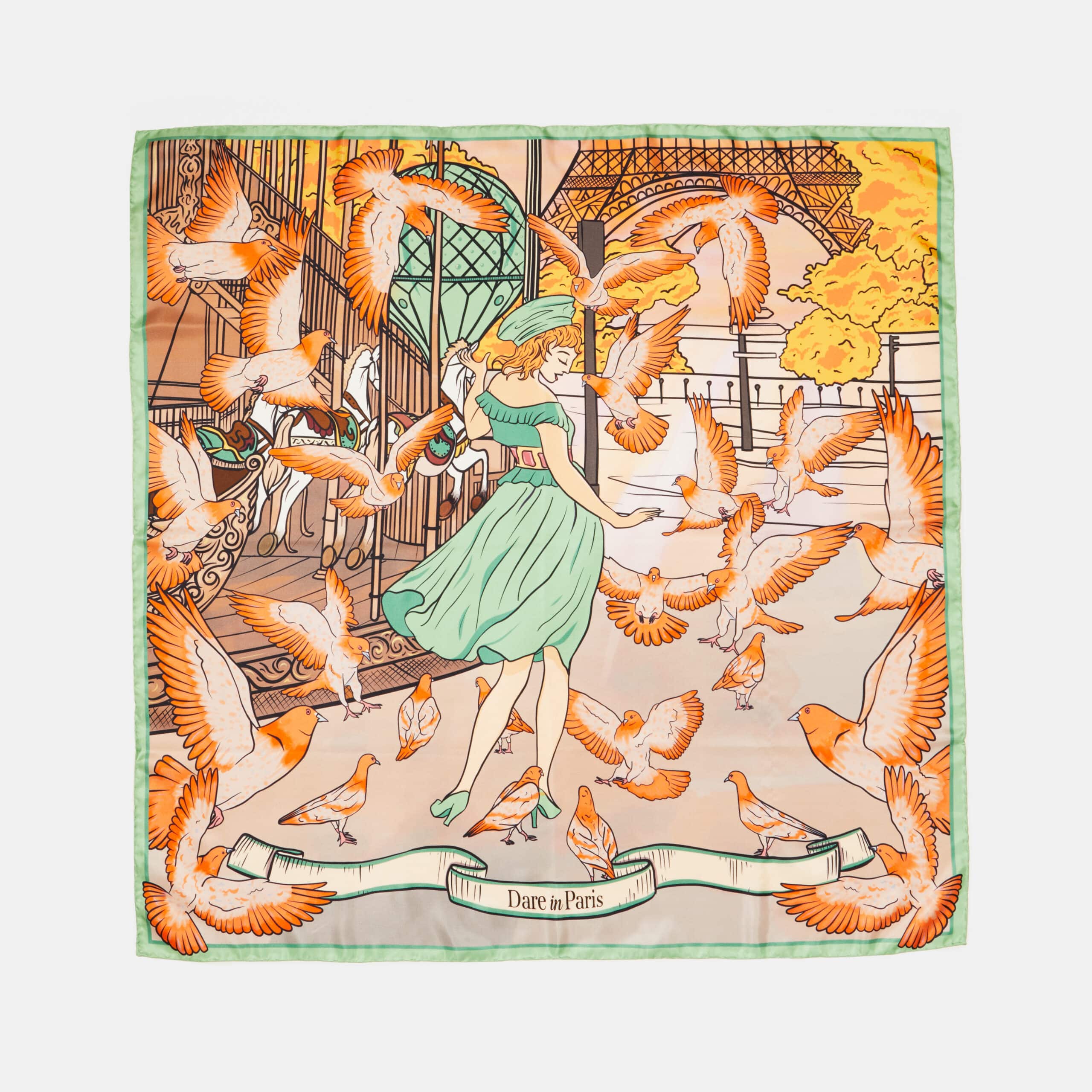 Carré de soie orange, vert, motif Valse des pigeons