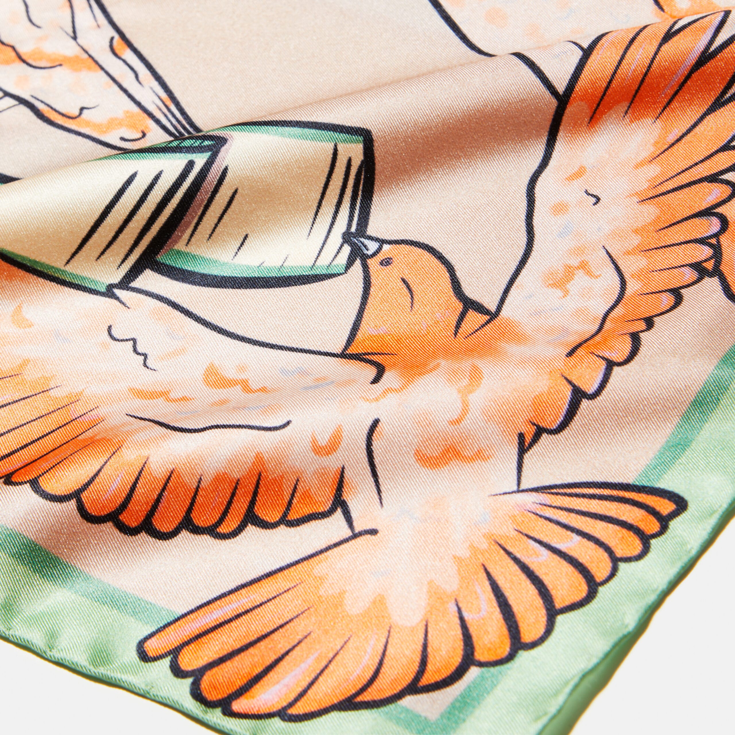 Carré de soie orange, vert, motif Valse des pigeons