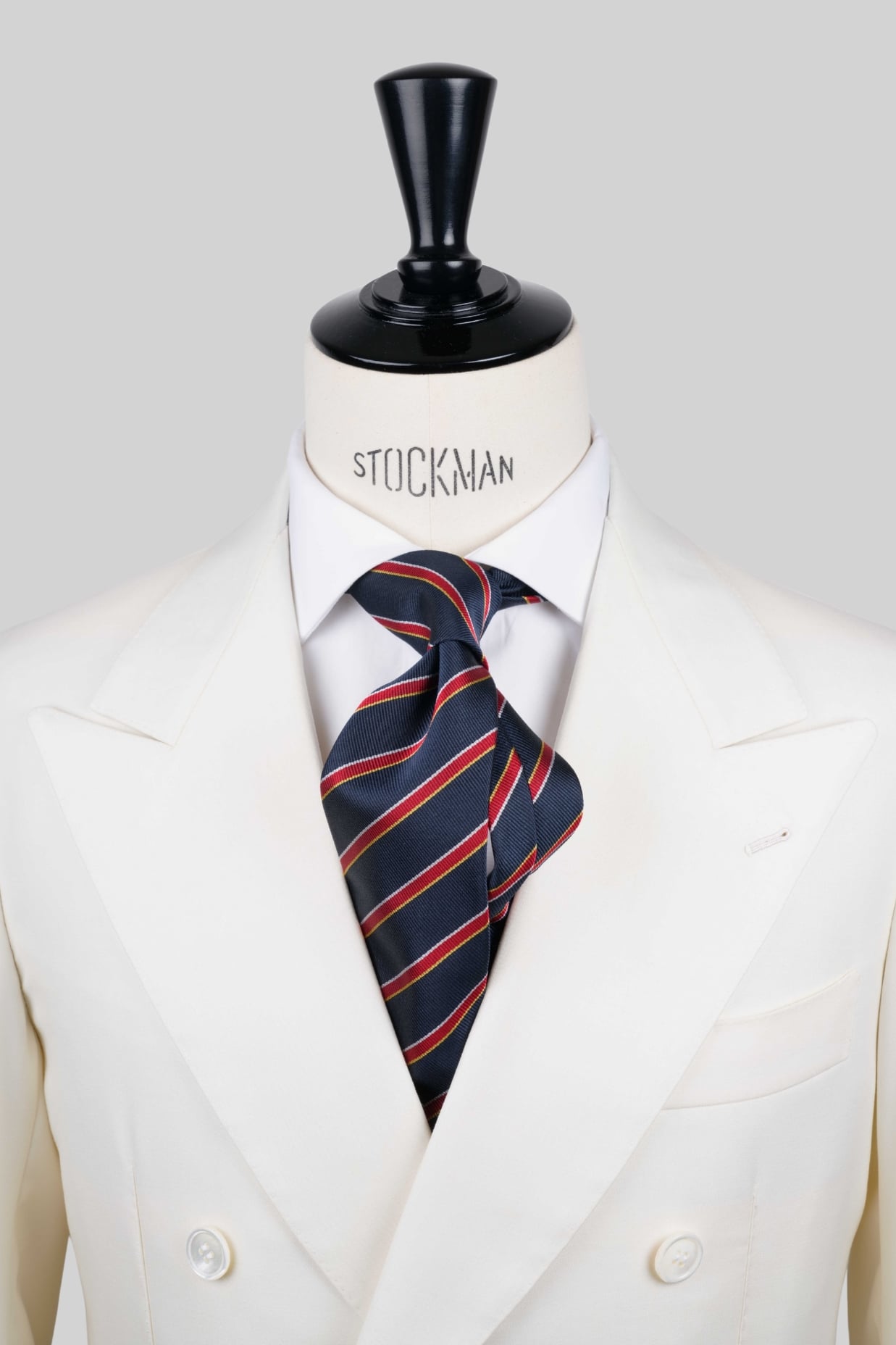 Cravate sartoriale à 3 plis, soie tissée bleu marine, rayée blanc rouge et doré