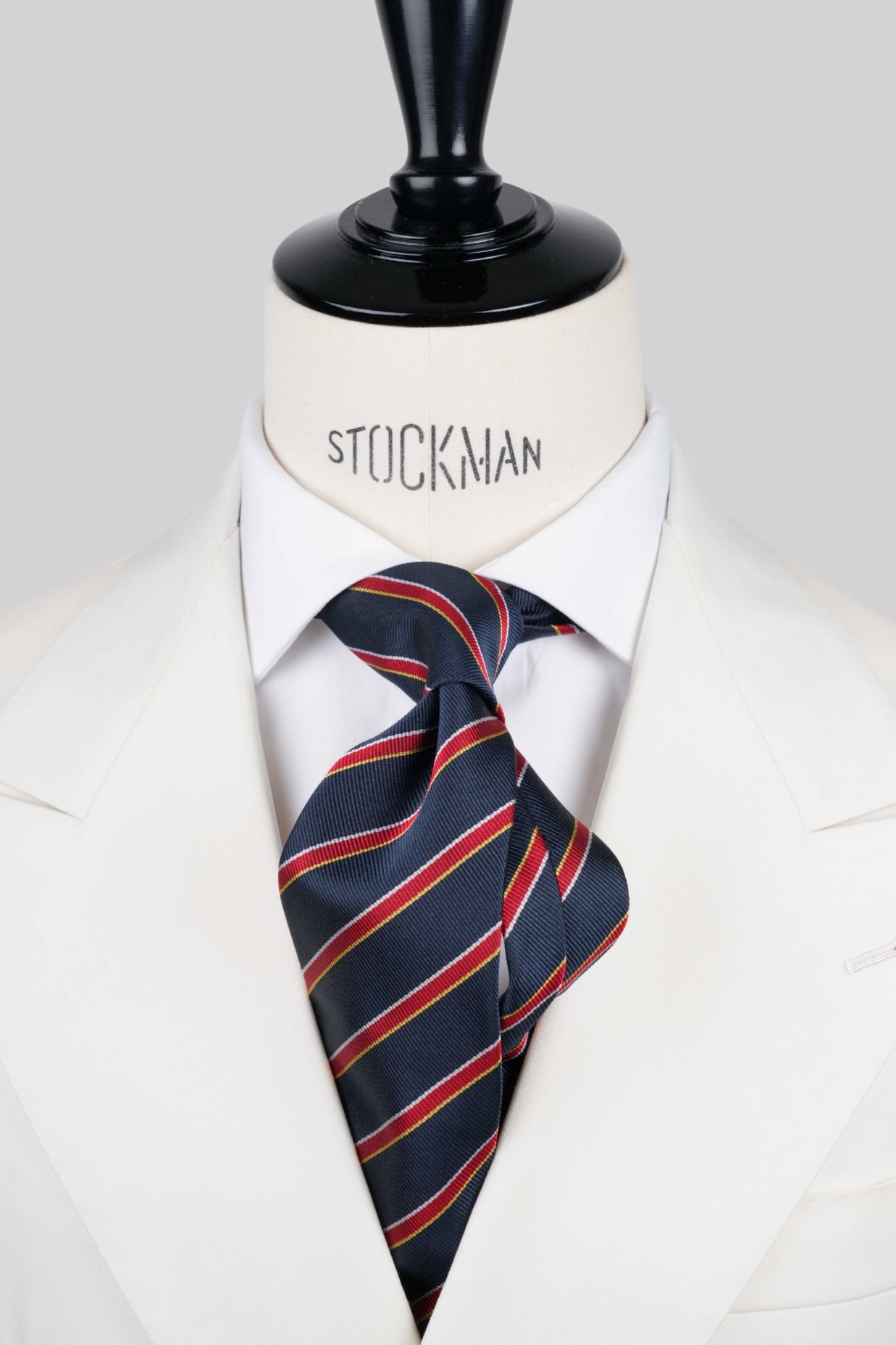 Cravate sartoriale à 3 plis, soie tissée bleu marine, rayée blanc rouge et doré
